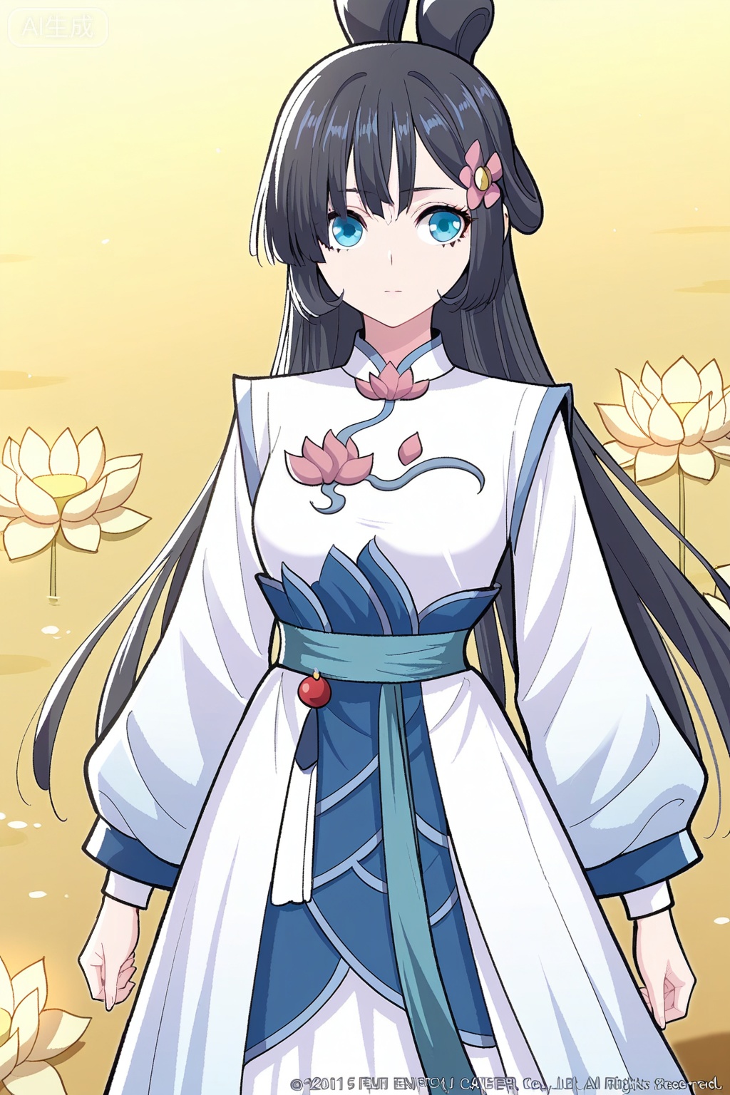 云霜,masterpiece,best quality,official art,extremely detailed CG unity 8k wallpaper,1girl, solo, blue eyes, long black hair, straight hair, bangs, flower hair ornament, side hair strands, ribbon bun, twin loop bun,traditional chinese clothes, white hanfu, blue hanfu, lotus pattern, long sleeves, layered dress, floral design, waist sash,