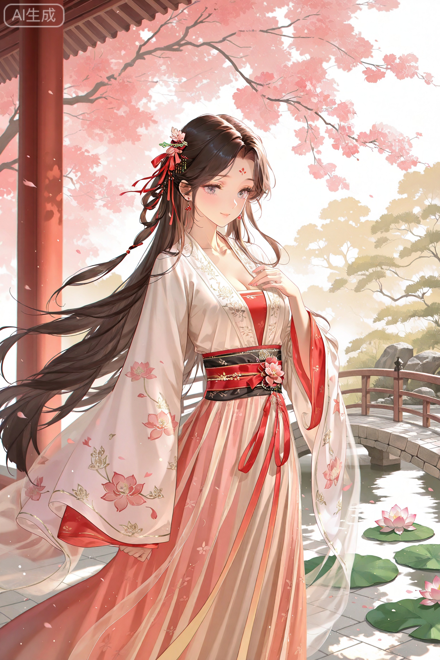 1girl, Chinese courtyard, hanfu, long flowing sleeves, intricate silk bow at waist, wide billowing sleeves, delicate hair ribbon, ornate sash, traditional Chinese architecture, wooden pavilion, lotus pond, stone bridge, cherry blossom tree, gentle smile, serene expression, elegant posture, morning mist, warm sunlight, delicate embroidery, jade hairpin, vintage aesthetic, traditional Chinese painting style, soft lighting, ethereal atmosphere,
//masterpiece,best quality,art_rong,Digital art,Delicate eyes,delicate face,newest,year 2024,year 2023,luxurious and gorgeous,art_rong,