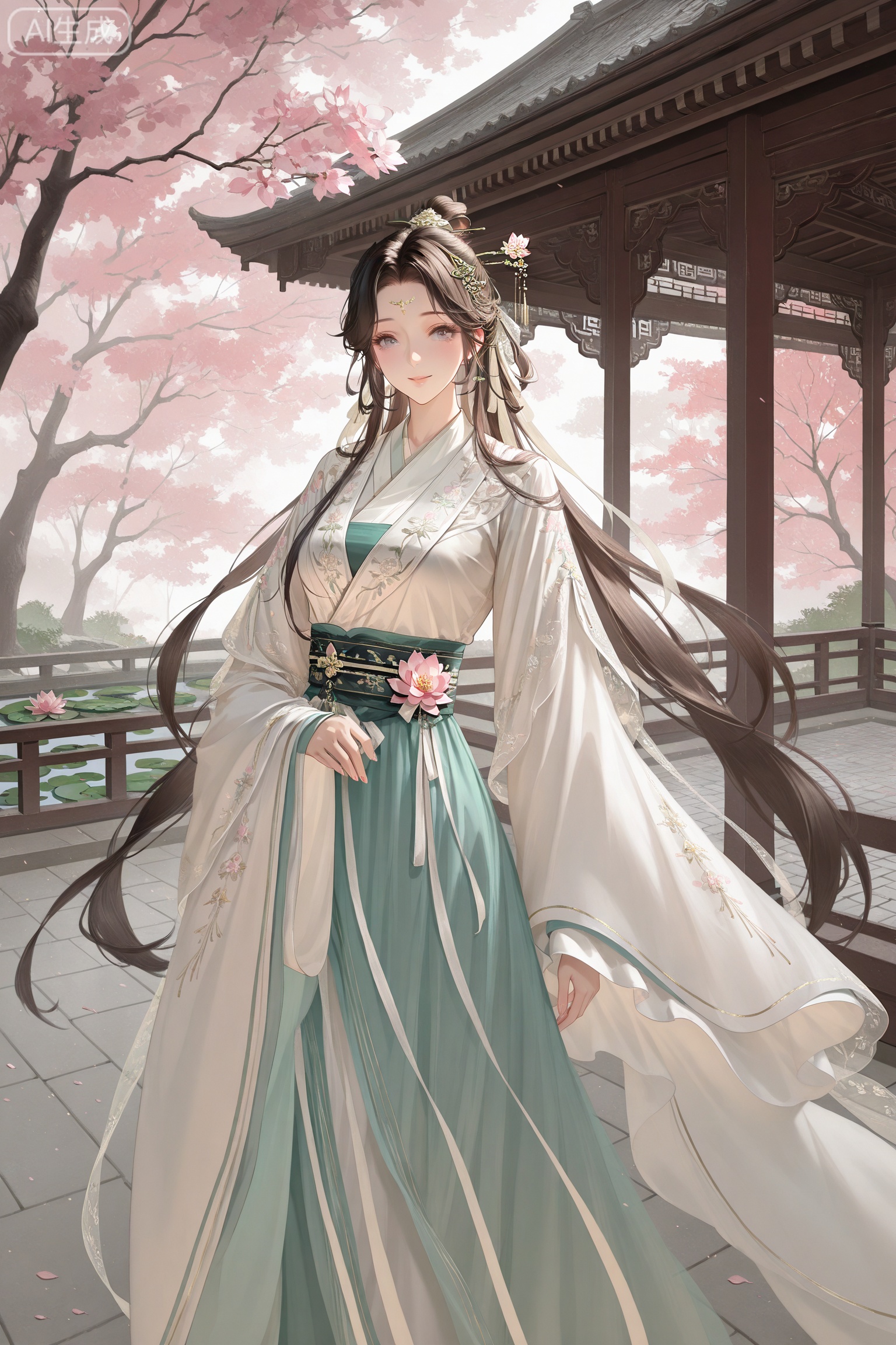 1girl, Chinese courtyard, hanfu, long flowing sleeves, intricate silk bow at waist, wide billowing sleeves, delicate hair ribbon, ornate sash, traditional Chinese architecture, wooden pavilion, lotus pond, stone bridge, cherry blossom tree, gentle smile, serene expression, elegant posture, morning mist, warm sunlight, delicate embroidery, jade hairpin, vintage aesthetic, traditional Chinese painting style, soft lighting, ethereal atmosphere,
//masterpiece,best quality,art_rong,Digital art,Delicate eyes,delicate face,newest,year 2024,year 2023,luxurious and gorgeous,art_rong,