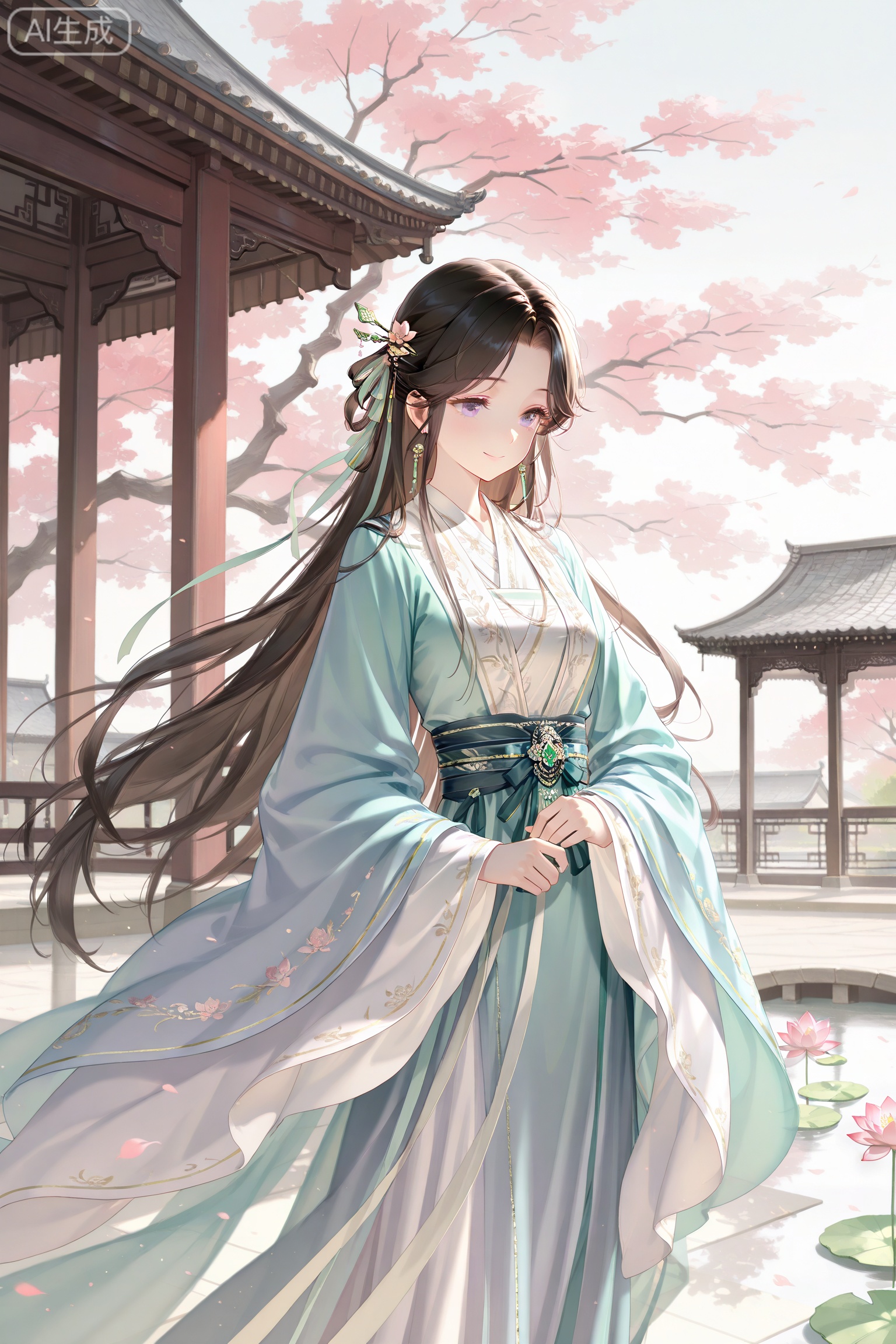 1girl, Chinese courtyard, hanfu, long flowing sleeves, intricate silk bow at waist, wide billowing sleeves, delicate hair ribbon, ornate sash, traditional Chinese architecture, wooden pavilion, lotus pond, stone bridge, cherry blossom tree, gentle smile, serene expression, elegant posture, morning mist, warm sunlight, delicate embroidery, jade hairpin, vintage aesthetic, traditional Chinese painting style, soft lighting, ethereal atmosphere,
//masterpiece,best quality,art_rong,Digital art,Delicate eyes,delicate face,newest,year 2024,year 2023,luxurious and gorgeous,art_rong,