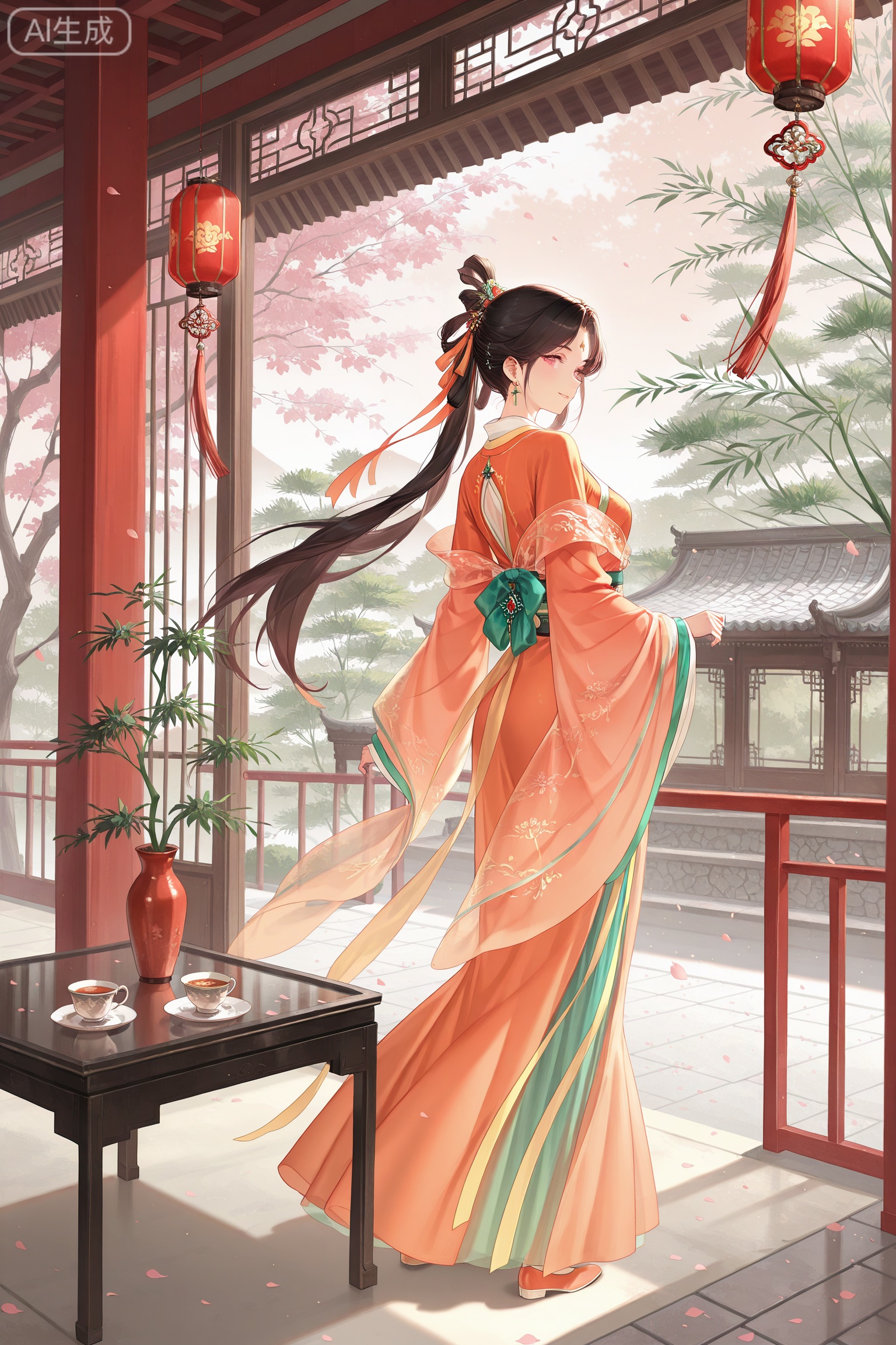 1girl, classic Chinese courtyard, elegant hanfu dress, oversized bow decoration, layered wide sleeves, hair tied with ribbon, tied silk sash, red lanterns, stone garden table, porcelain teacup, willow tree, curved roof architecture, looking back pose, intricate patterns, translucent fabric, jewelry details, warm color palette, traditional aesthetic, poetic atmosphere, gentle breeze, falling petals
//masterpiece,best quality,art_rong,Digital art,Delicate eyes,delicate face,newest,year 2024,year 2023,luxurious and gorgeous,art_rong,