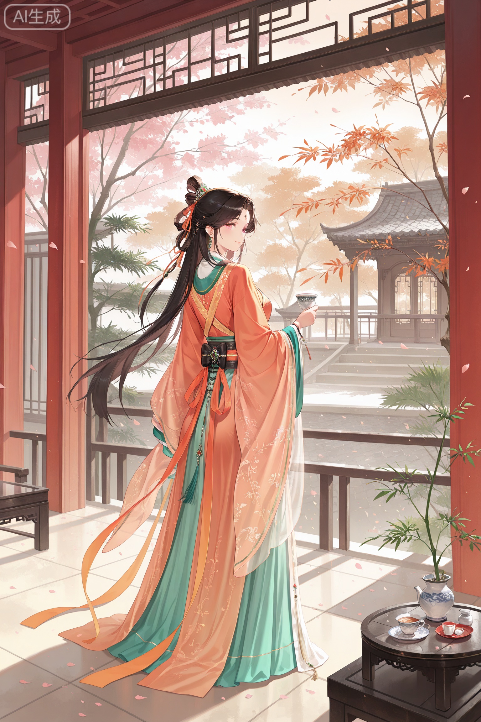 1girl, classic Chinese courtyard, elegant hanfu dress, oversized bow decoration, layered wide sleeves, hair tied with ribbon, tied silk sash, red lanterns, stone garden table, porcelain teacup, willow tree, curved roof architecture, looking back pose, intricate patterns, translucent fabric, jewelry details, warm color palette, traditional aesthetic, poetic atmosphere, gentle breeze, falling petals
//masterpiece,best quality,art_rong,Digital art,Delicate eyes,delicate face,newest,year 2024,year 2023,luxurious and gorgeous,art_rong,