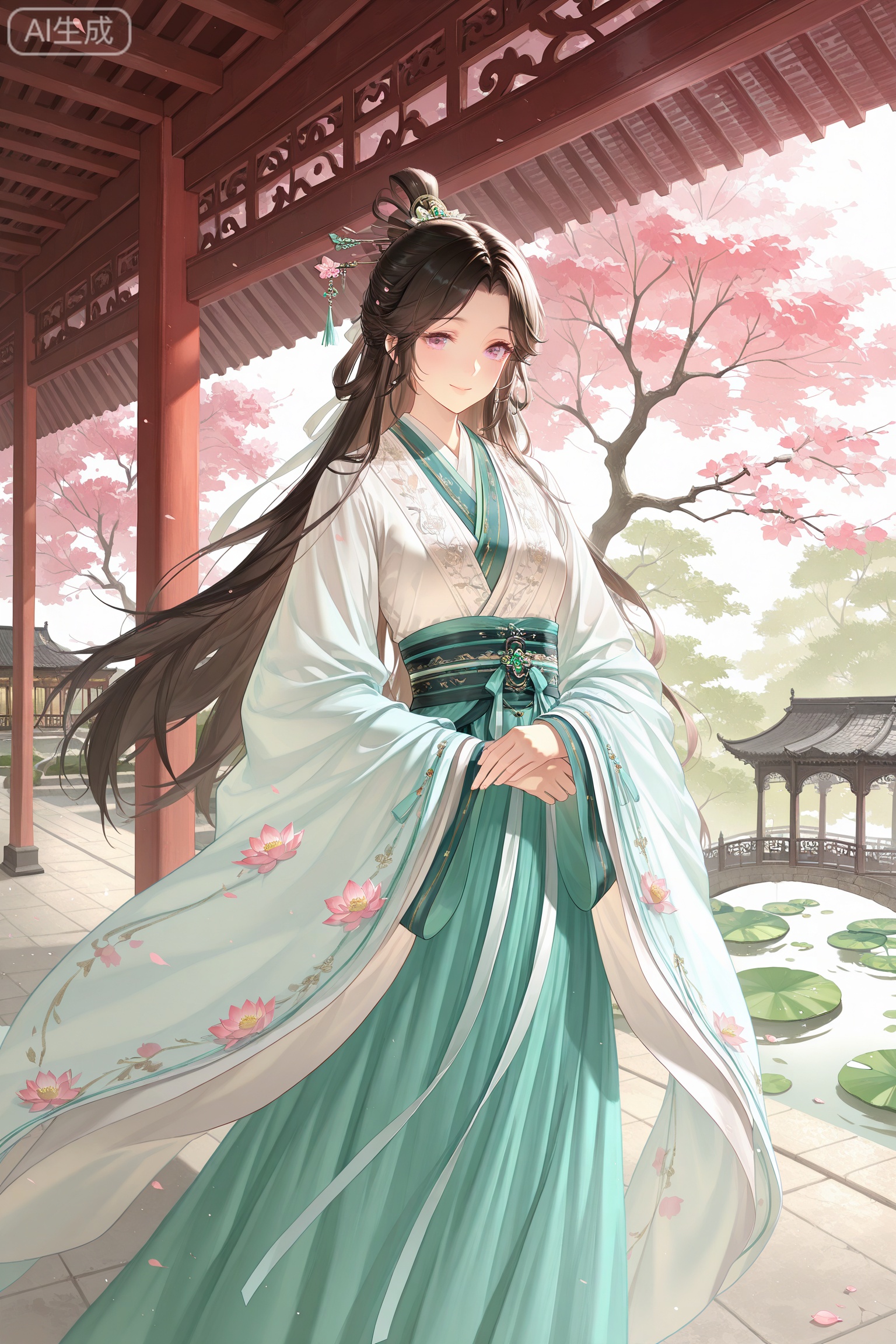 1girl, Chinese courtyard, hanfu, long flowing sleeves, intricate silk bow at waist, wide billowing sleeves, delicate hair ribbon, ornate sash, traditional Chinese architecture, wooden pavilion, lotus pond, stone bridge, cherry blossom tree, gentle smile, serene expression, elegant posture, morning mist, warm sunlight, delicate embroidery, jade hairpin, vintage aesthetic, traditional Chinese painting style, soft lighting, ethereal atmosphere,
//masterpiece,best quality,art_rong,Digital art,Delicate eyes,delicate face,newest,year 2024,year 2023,luxurious and gorgeous,art_rong,