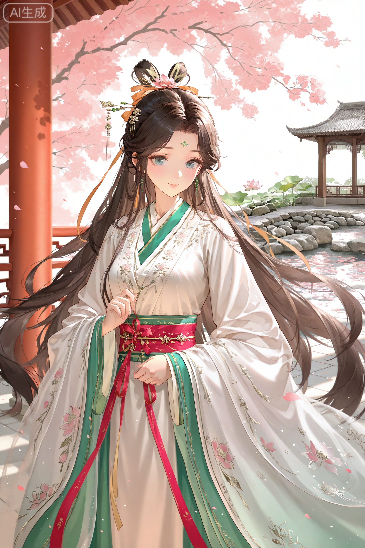 1girl, Chinese courtyard, hanfu, long flowing sleeves, intricate silk bow at waist, wide billowing sleeves, delicate hair ribbon, ornate sash, traditional Chinese architecture, wooden pavilion, lotus pond, stone bridge, cherry blossom tree, gentle smile, serene expression, elegant posture, morning mist, warm sunlight, delicate embroidery, jade hairpin, vintage aesthetic, traditional Chinese painting style, soft lighting, ethereal atmosphere,
//masterpiece,best quality,art_rong,Digital art,Delicate eyes,delicate face,newest,year 2024,year 2023,luxurious and gorgeous,art_rong,