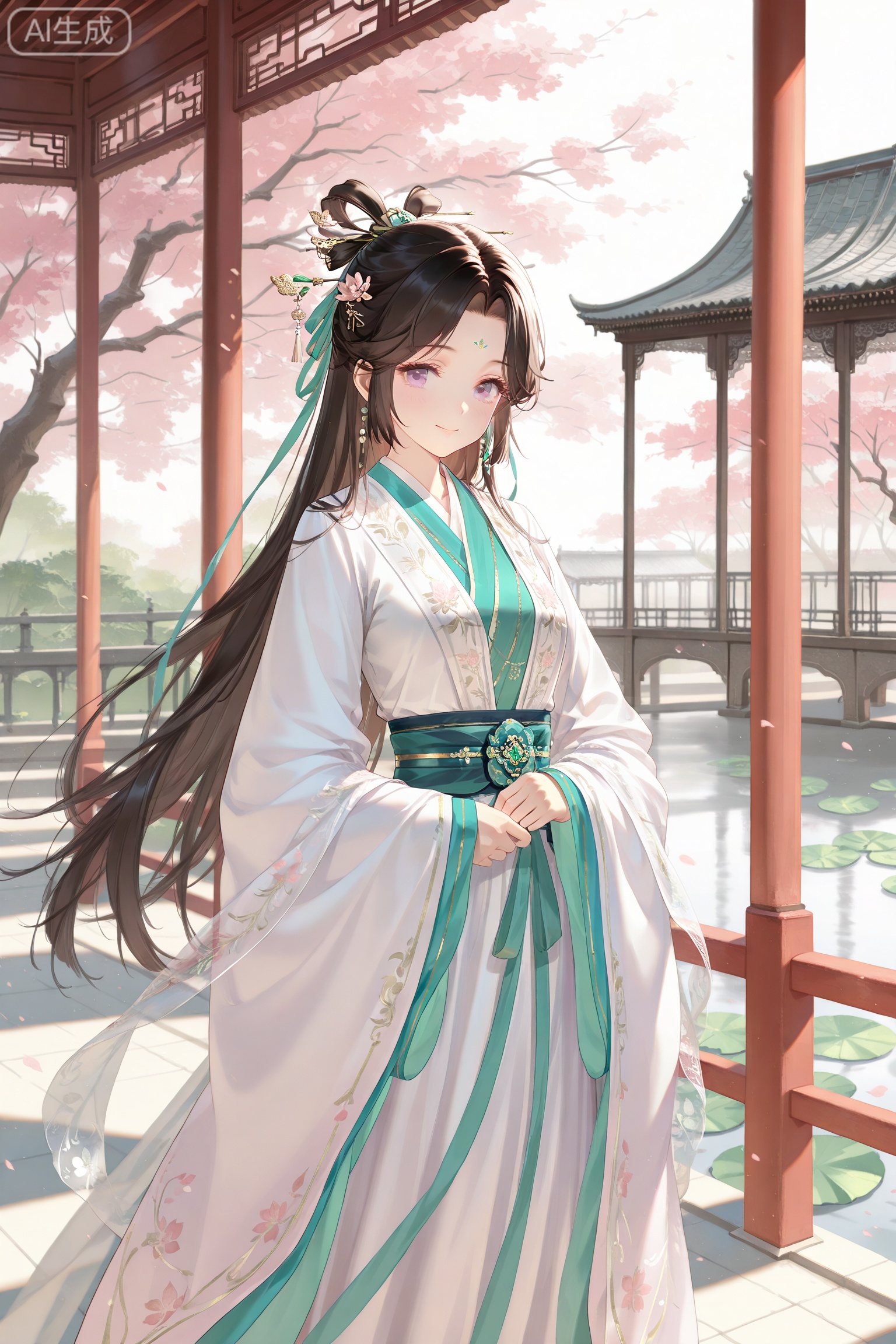 1girl, Chinese courtyard, hanfu, long flowing sleeves, intricate silk bow at waist, wide billowing sleeves, delicate hair ribbon, ornate sash, traditional Chinese architecture, wooden pavilion, lotus pond, stone bridge, cherry blossom tree, gentle smile, serene expression, elegant posture, morning mist, warm sunlight, delicate embroidery, jade hairpin, vintage aesthetic, traditional Chinese painting style, soft lighting, ethereal atmosphere,
//masterpiece,best quality,art_rong,Digital art,Delicate eyes,delicate face,newest,year 2024,year 2023,luxurious and gorgeous,art_rong,