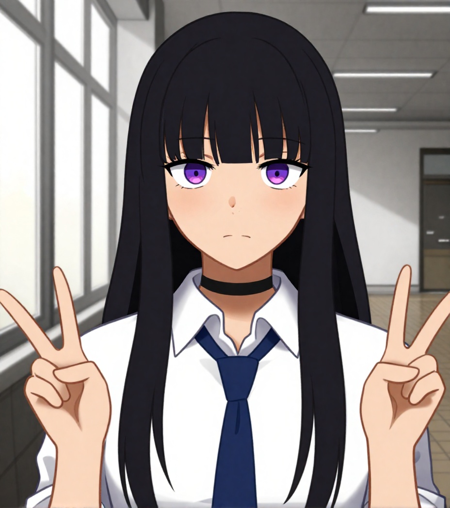 Khyle,  This is a digital anime style illustration featuring a young woman with a fair complexion and long,  straight blac...