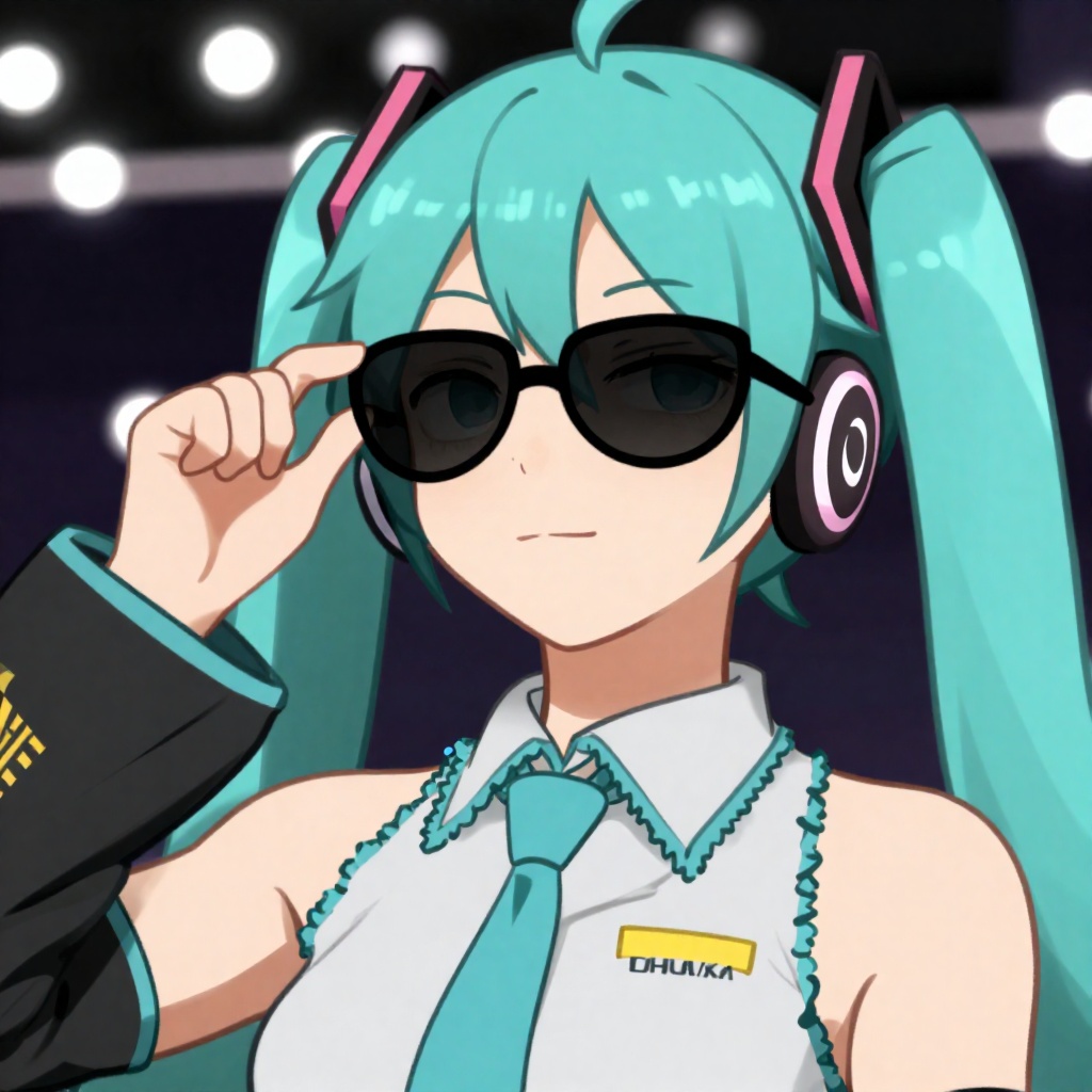 Khyle,  The image depicts a Hatsune Miku with long turquoise hair tied in a twintails and a light complexion. Hatsune Miku...