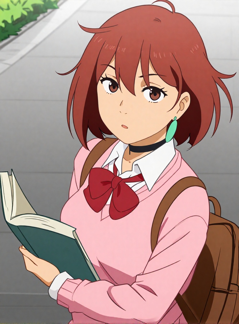 Khyle,  This image is a digital illustration in a vibrant anime style.depicting a Momo Ayase,  She is holding a book in he...