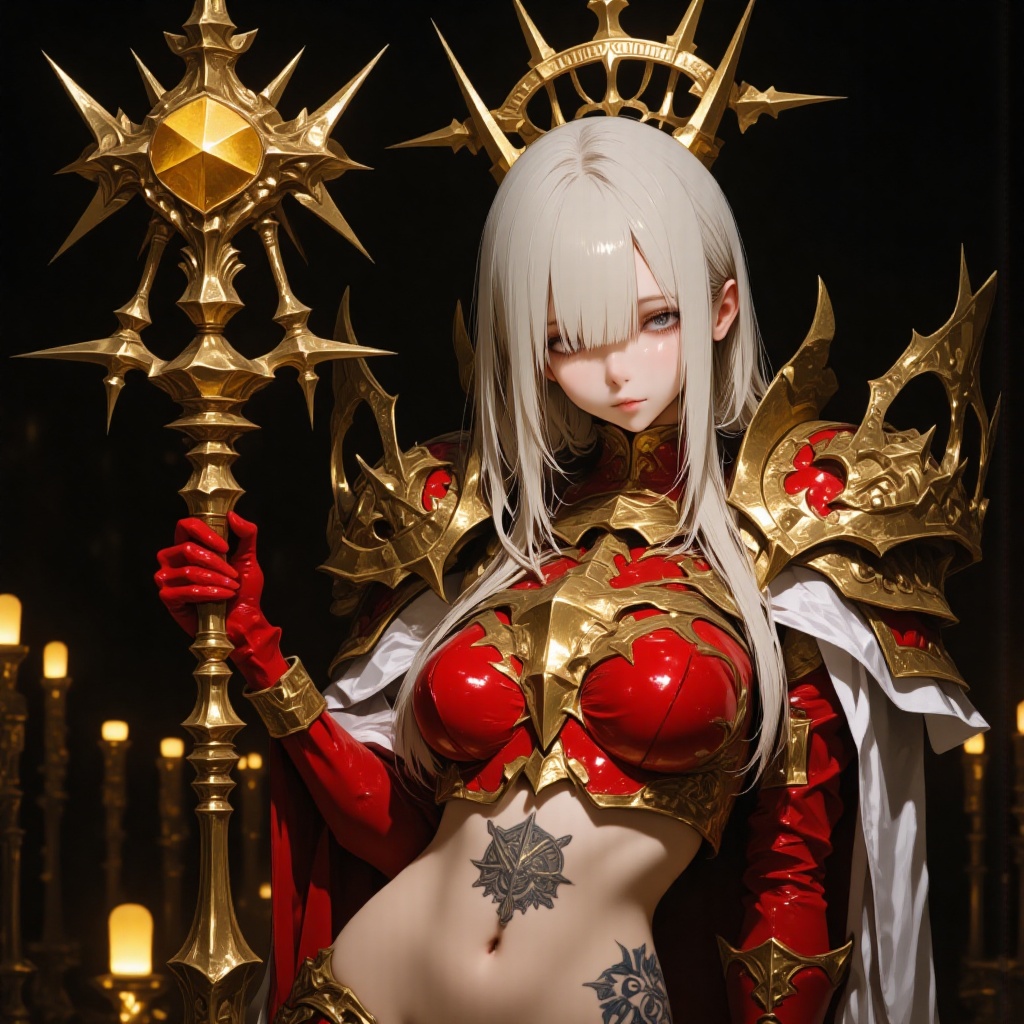 The image depicts a fantasy character with long white hair and a regal appearance. She is adorned in intricate red and gol...