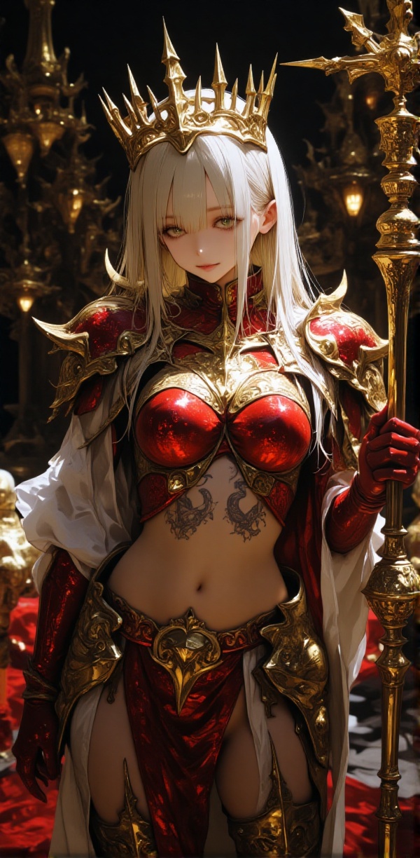 The image depicts a fantasy character with long white hair and a regal appearance. She is adorned in intricate red and gol...