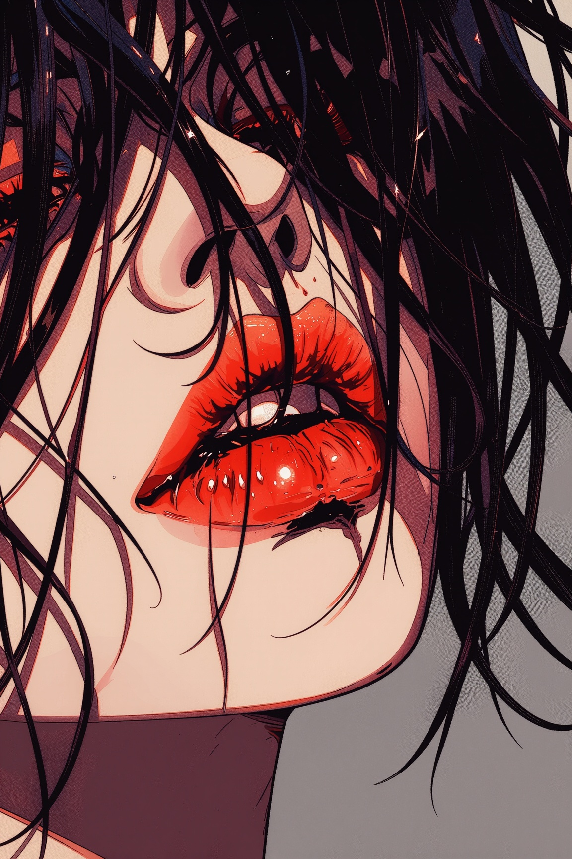 The image is a close-up,  high-contrast portrait that plunges the viewer into an intimate,  almost tactile realm of sensua...