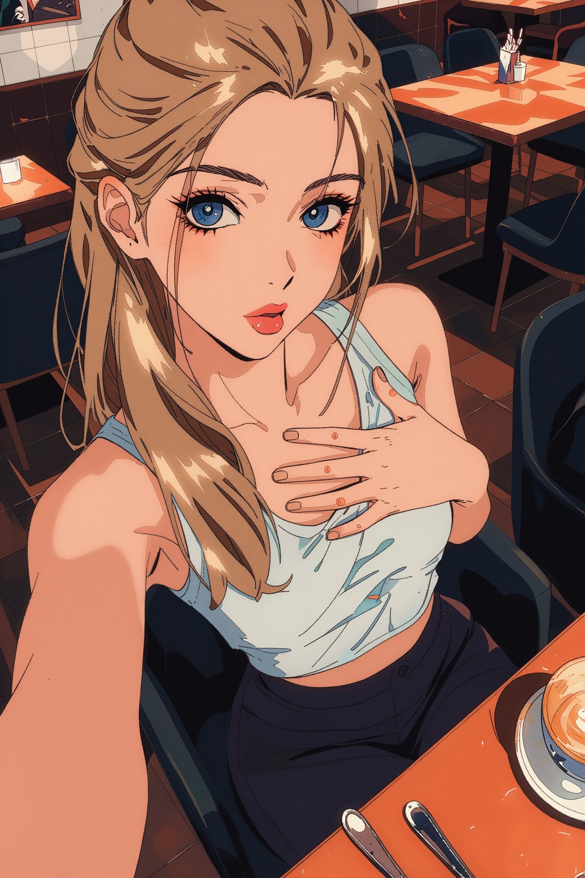 photo. fun sexy sensual popular college student female taking sexy selfie while sitting in a coffee shop,  high angle. fli...