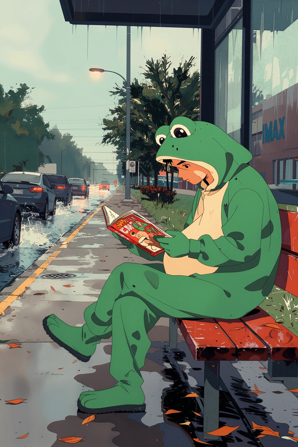 A gray,  drizzly afternoon at an urban bus stop. A man in a bright green frog onesie lounges on the bench,  legs crossed o...