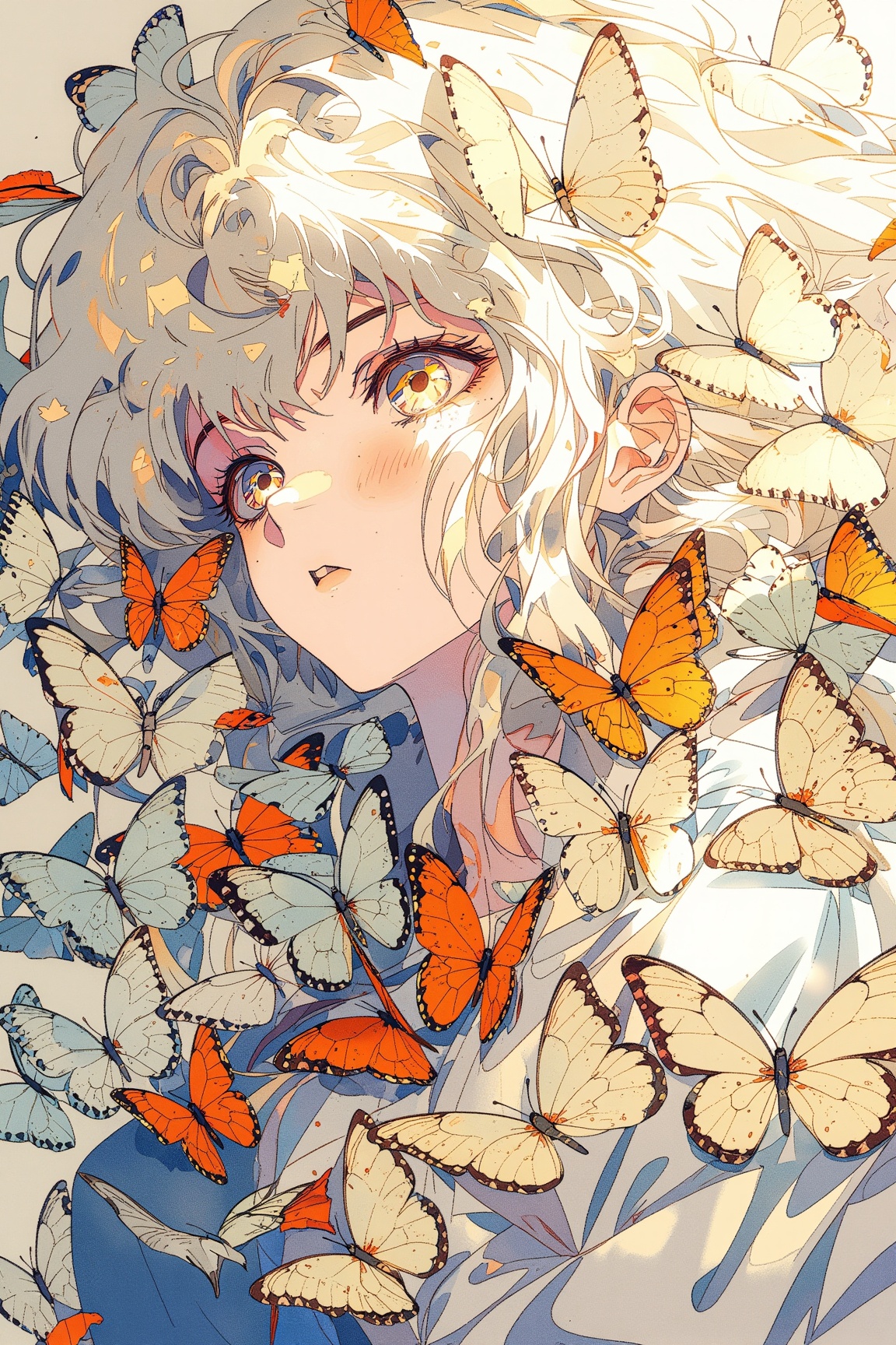 A surreal and enchanting portrait of a young woman with platinum blonde hair,  surrounded by a swarm of delicate beige and...