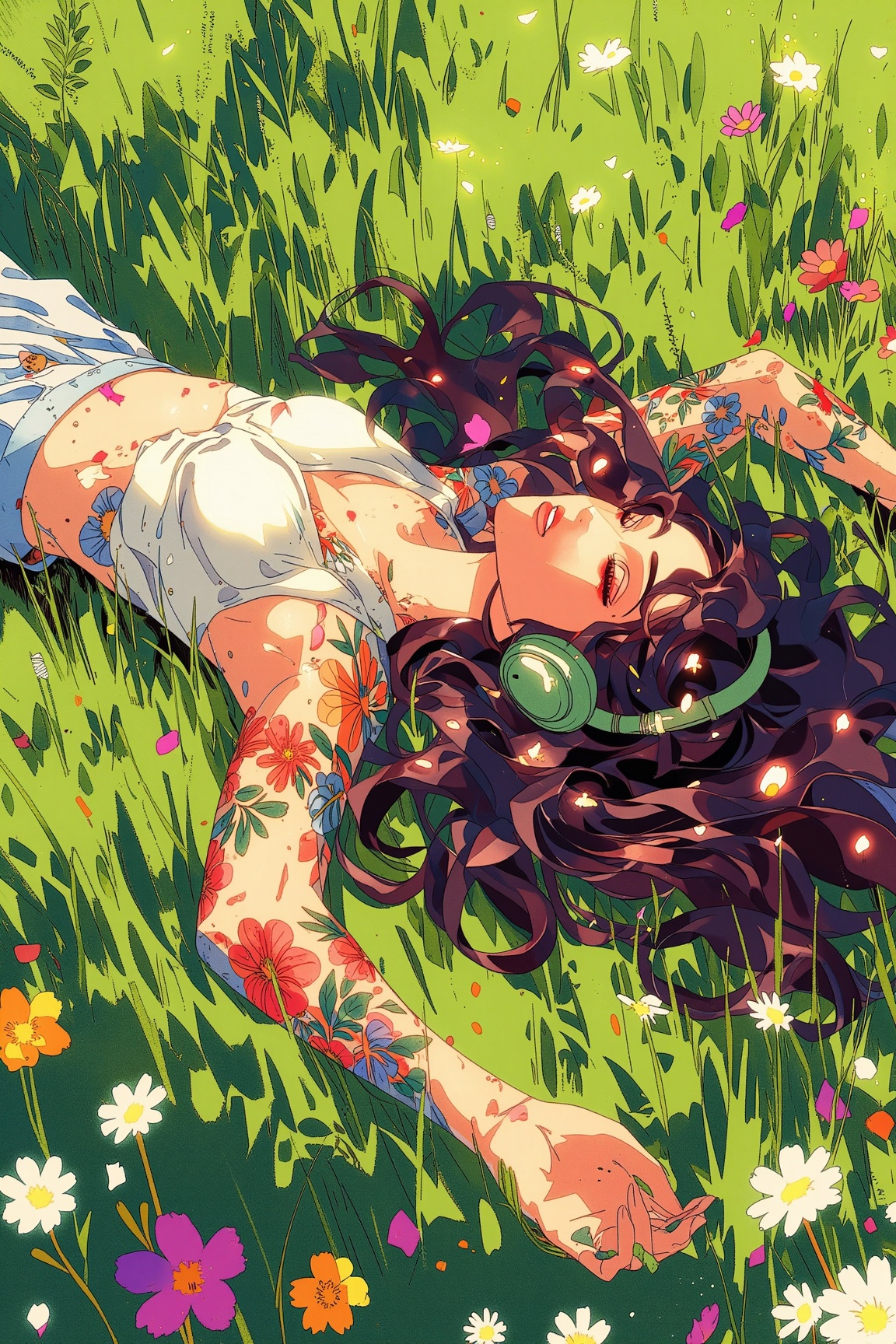 A colorful,  semi-realistic digital art piece of a girl lying down in a field of vibrant wildflowers. She wears green head...