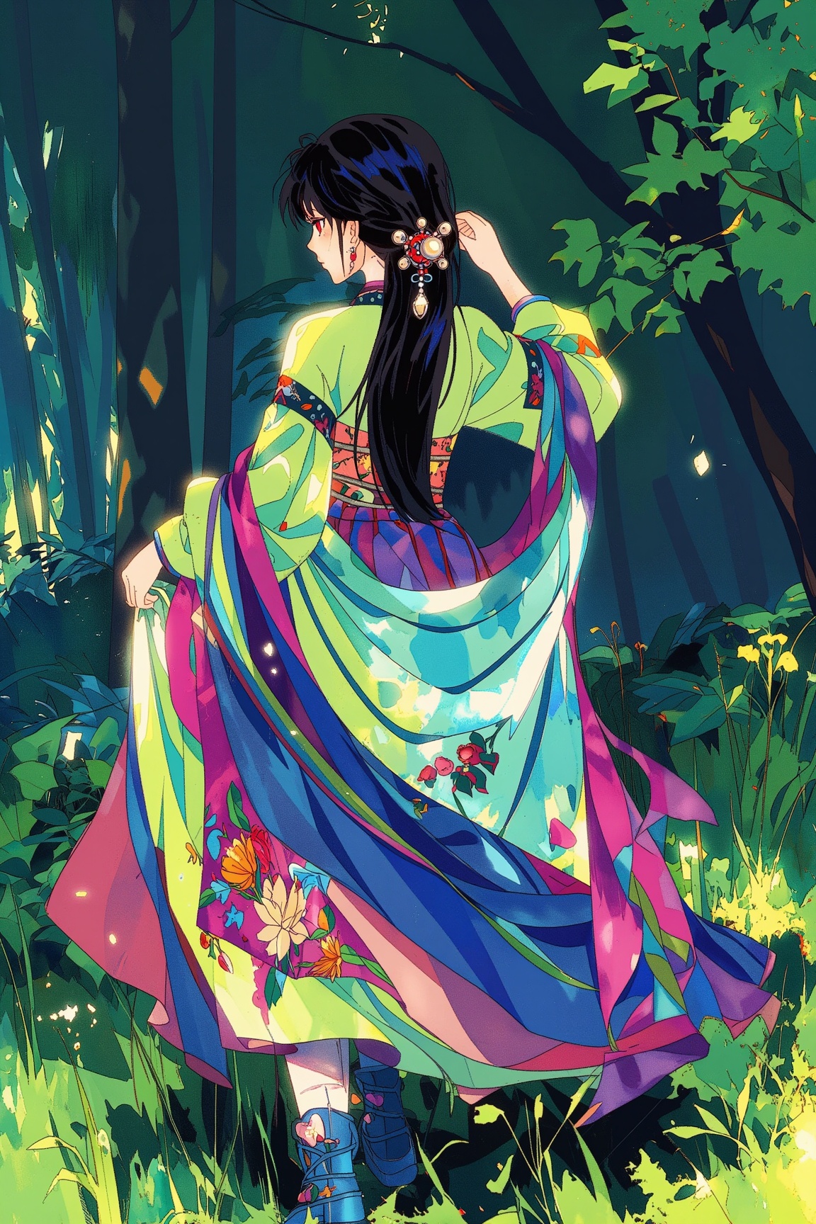 In a hazy moonlit glade,  a woman in a vibrant hanbok stands with her back to the viewer. Her colorful jeogori and chima s...