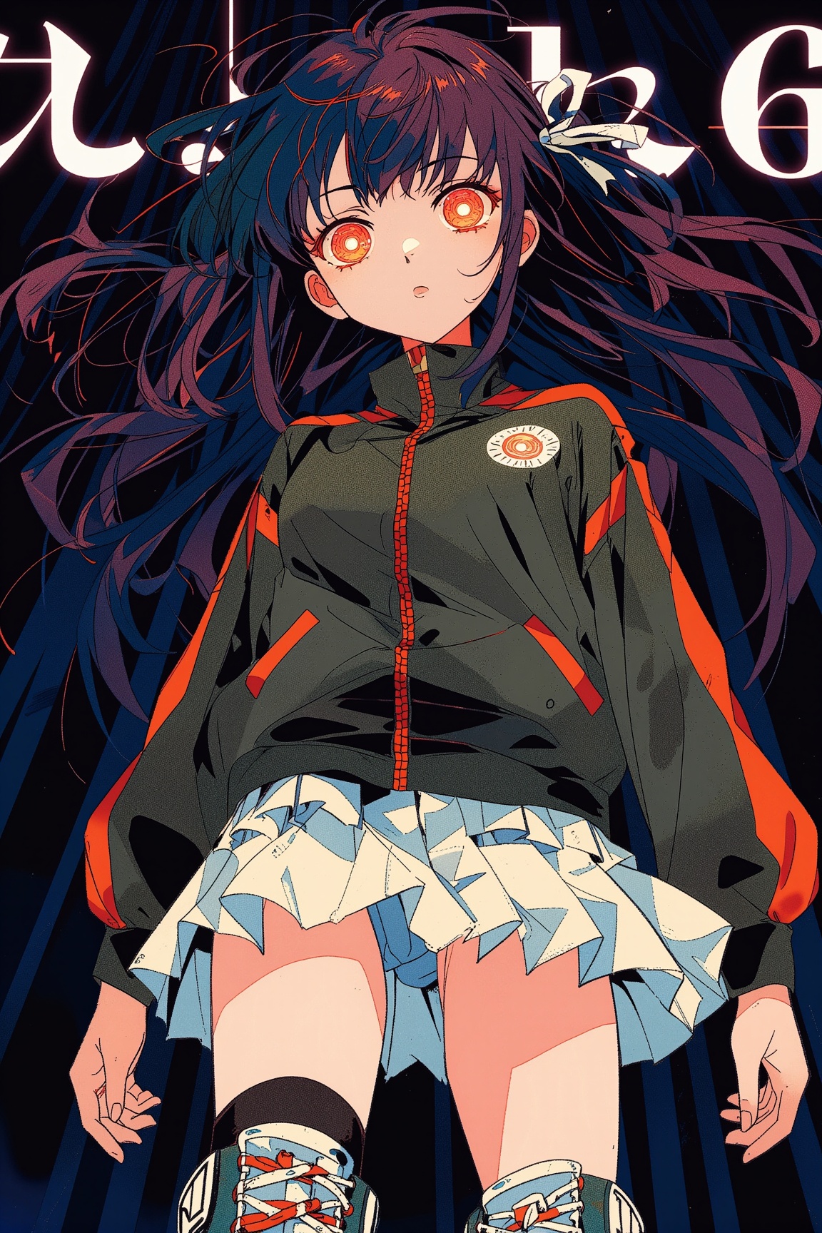 stylish manga cover of a tacstyle0 girl with glowing eyes. She has a deliquent-esque sneer. She has glowing spiral Orange...