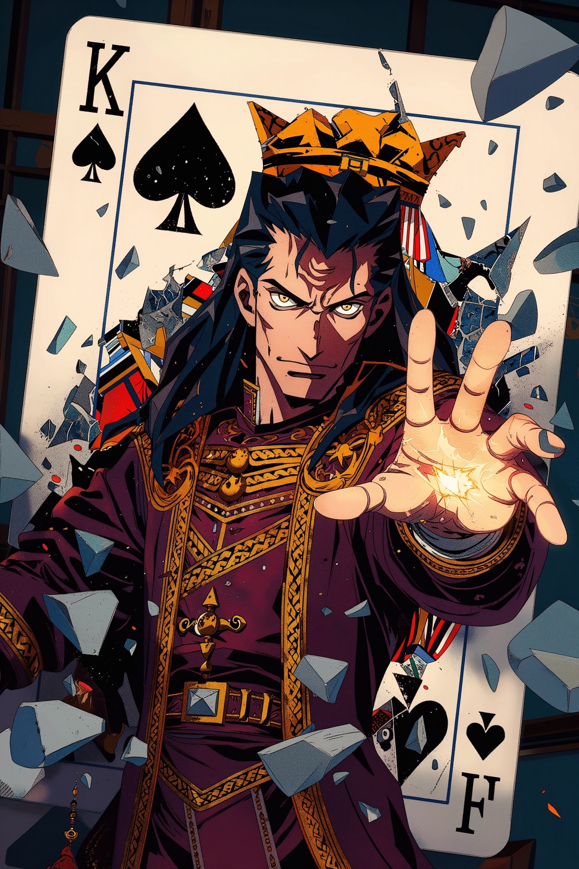 A hyper-realistic cinematic poster of a powerful male sorcerer bursting through a cracked King of Spades playing card. Sto...