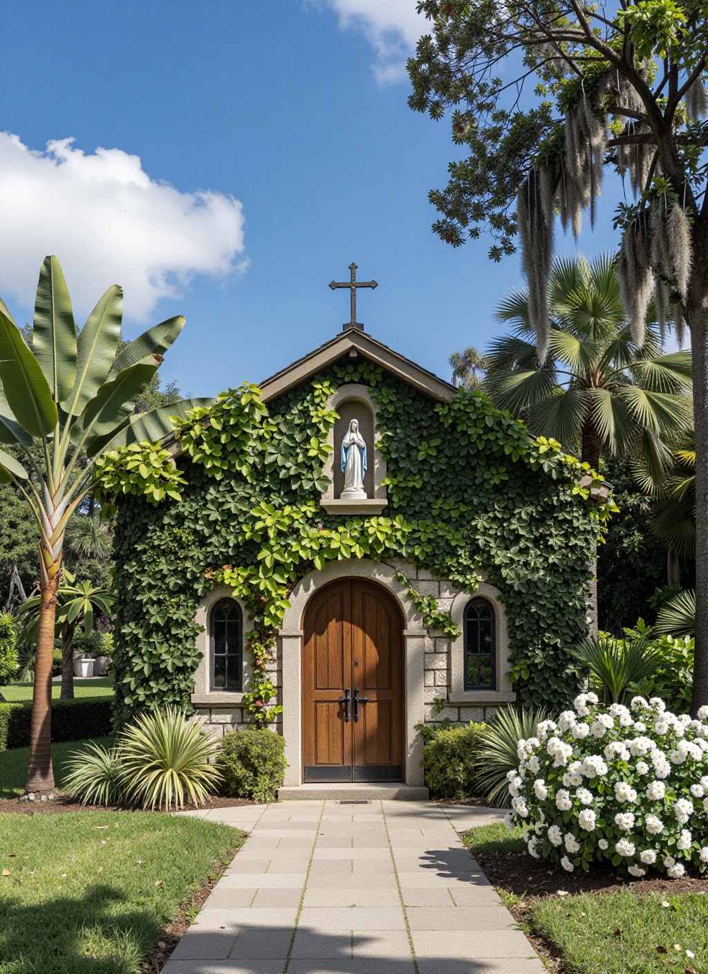 This is a picturesque,  sunlit photograph of a charming,  ivy-covered chapel or small church nestled in a lush on Tensor.Art