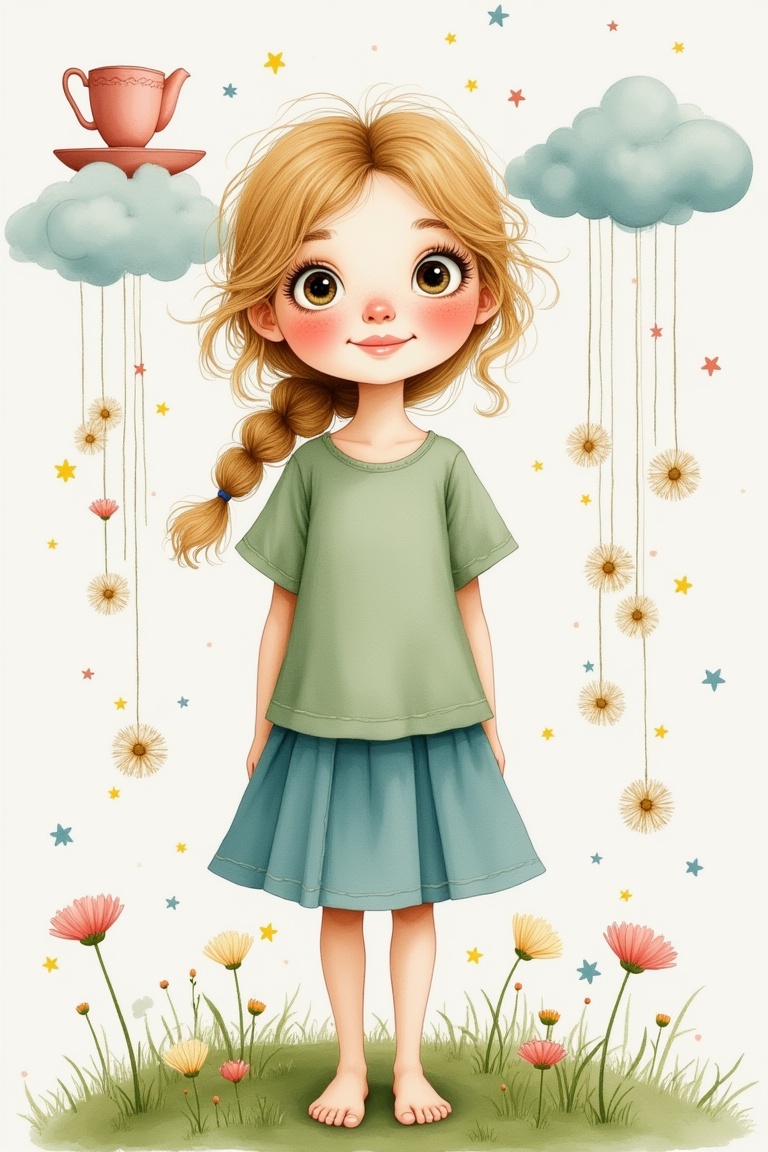 Whimsystorybookgirl in full body view,  wearing a sage green linen top and blue skirt,  standing barefoot on soft moss. Ex...