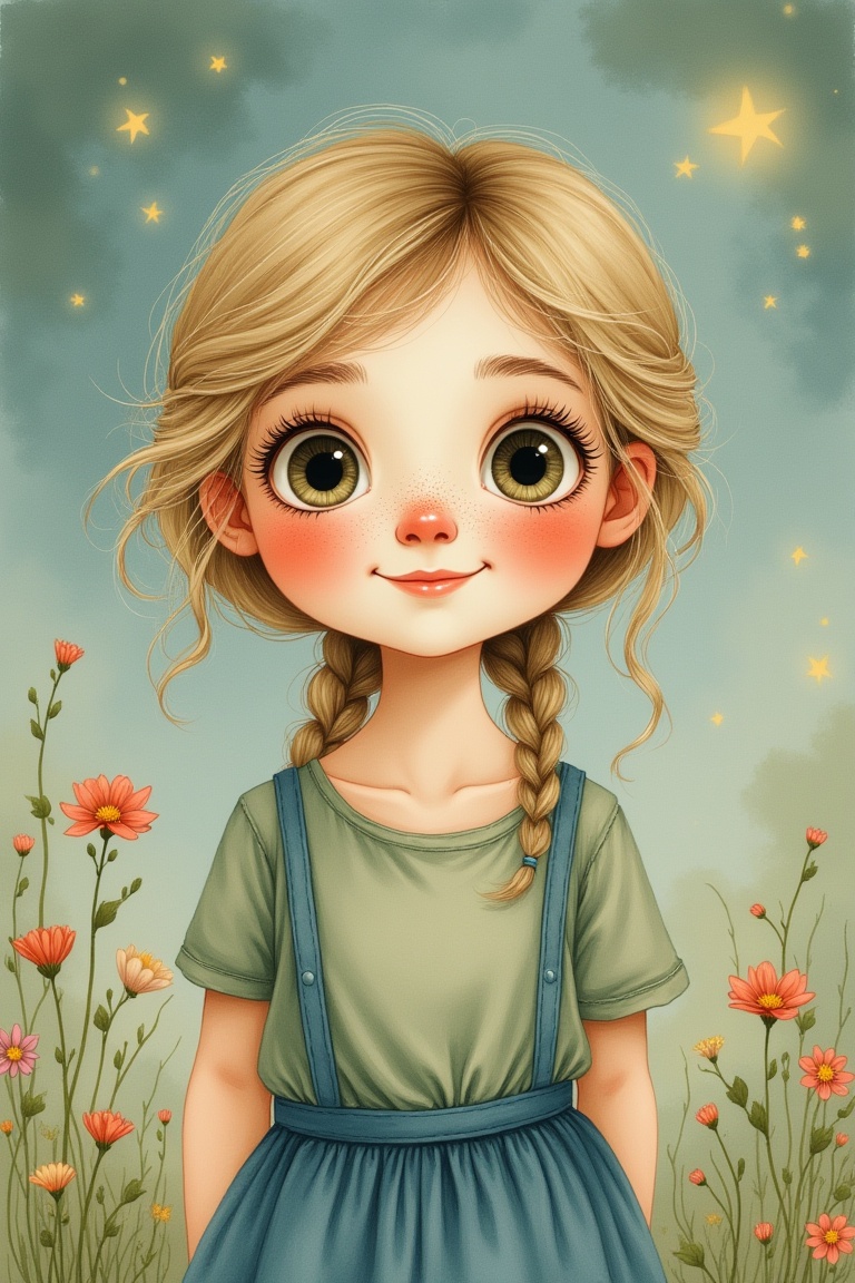 Whimsystorybookgirl in a whimsical vintage illustration style,  storybook watercolor texture with soft painterly brushwork...