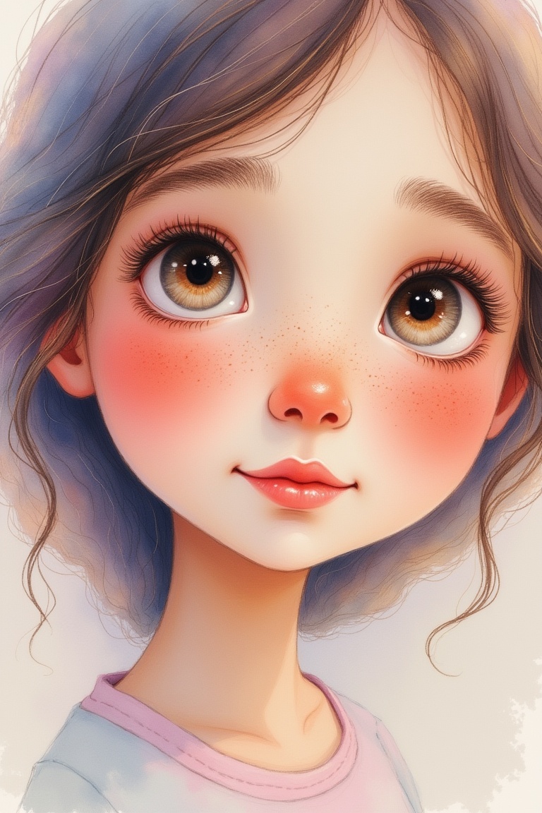 Whimsystorybookgirl in a close-up portrait,  storybook watercolor style with soft painterly texture and whimsical vintage...