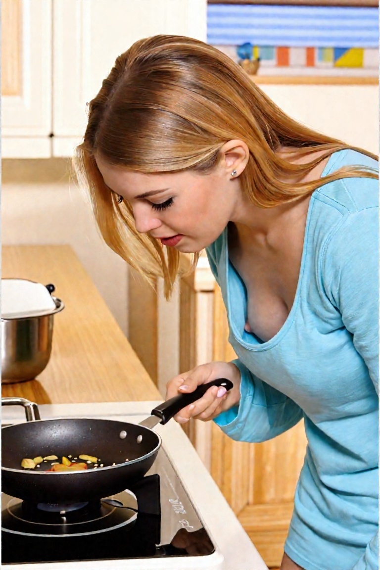 Downblouse photo of a woman cooking something in a frying pan on Tensor.Art