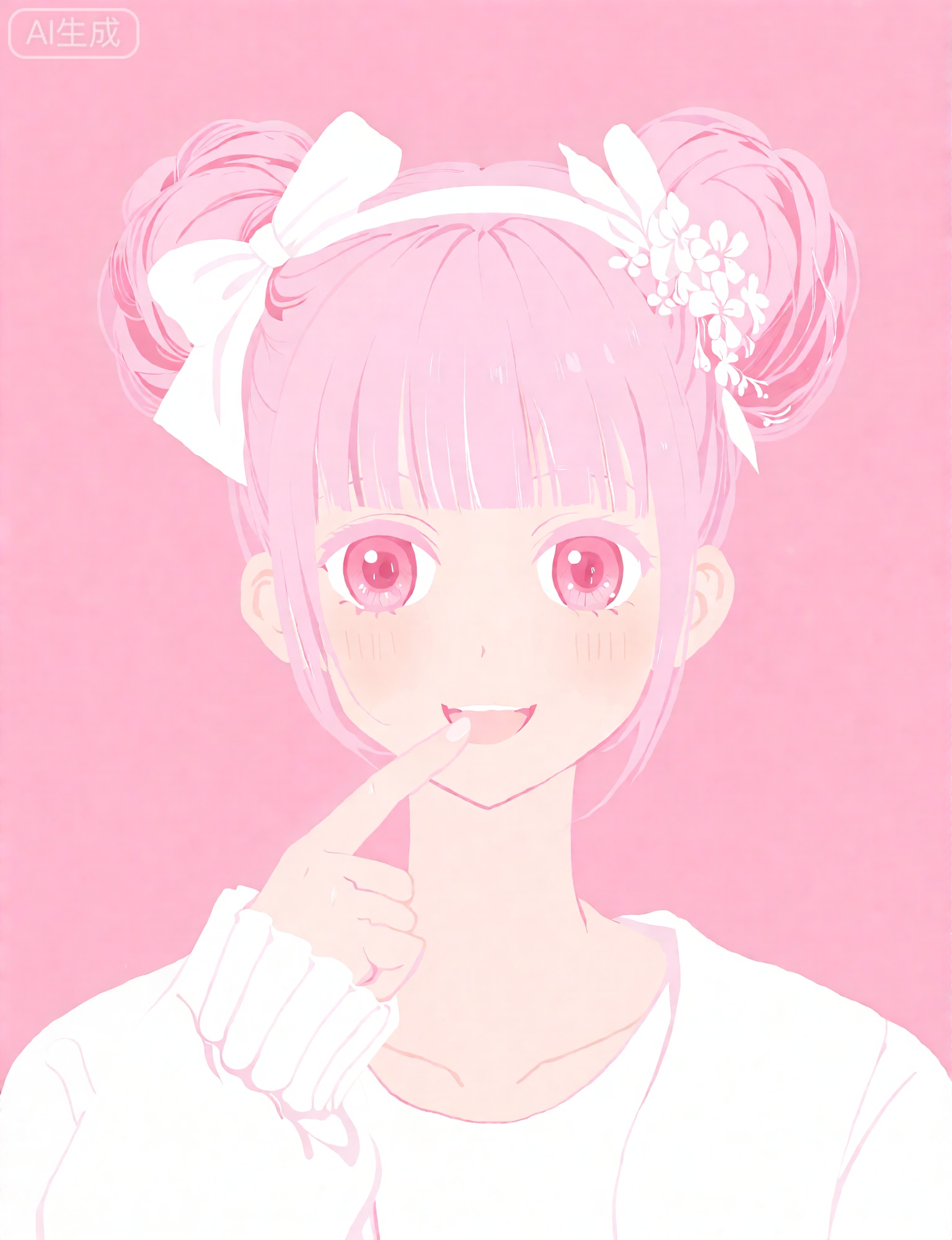 生成一张女孩的插画,女孩有粉色的头发,平刘海,扎着两个丸子头,一双桃红色的大眼睛看着观者,头上扎着白色蝴蝶结,笑容自信而从容。着重表现女孩精致的面容,眼睛里的细节,发丝的质感。用白色的花装饰女孩的头发。柔嫩的手指向自己的嘴唇。粉色纯色背景,头像,简约。轻松、愉悦的氛围。