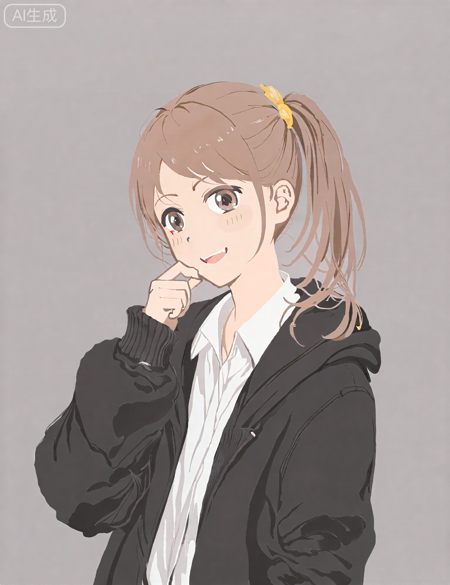 生成一张女孩的插画,女孩有浅棕色的头发,半扎马尾,散发,黄色的发饰。黑色连帽外套,白衬衫。女孩对观者微笑,笑容中透着古灵精怪,仿佛在思考某种恶作剧。着重突出女孩精致的面容和眼睛的细节。灰色纯色背景,简约,干净。