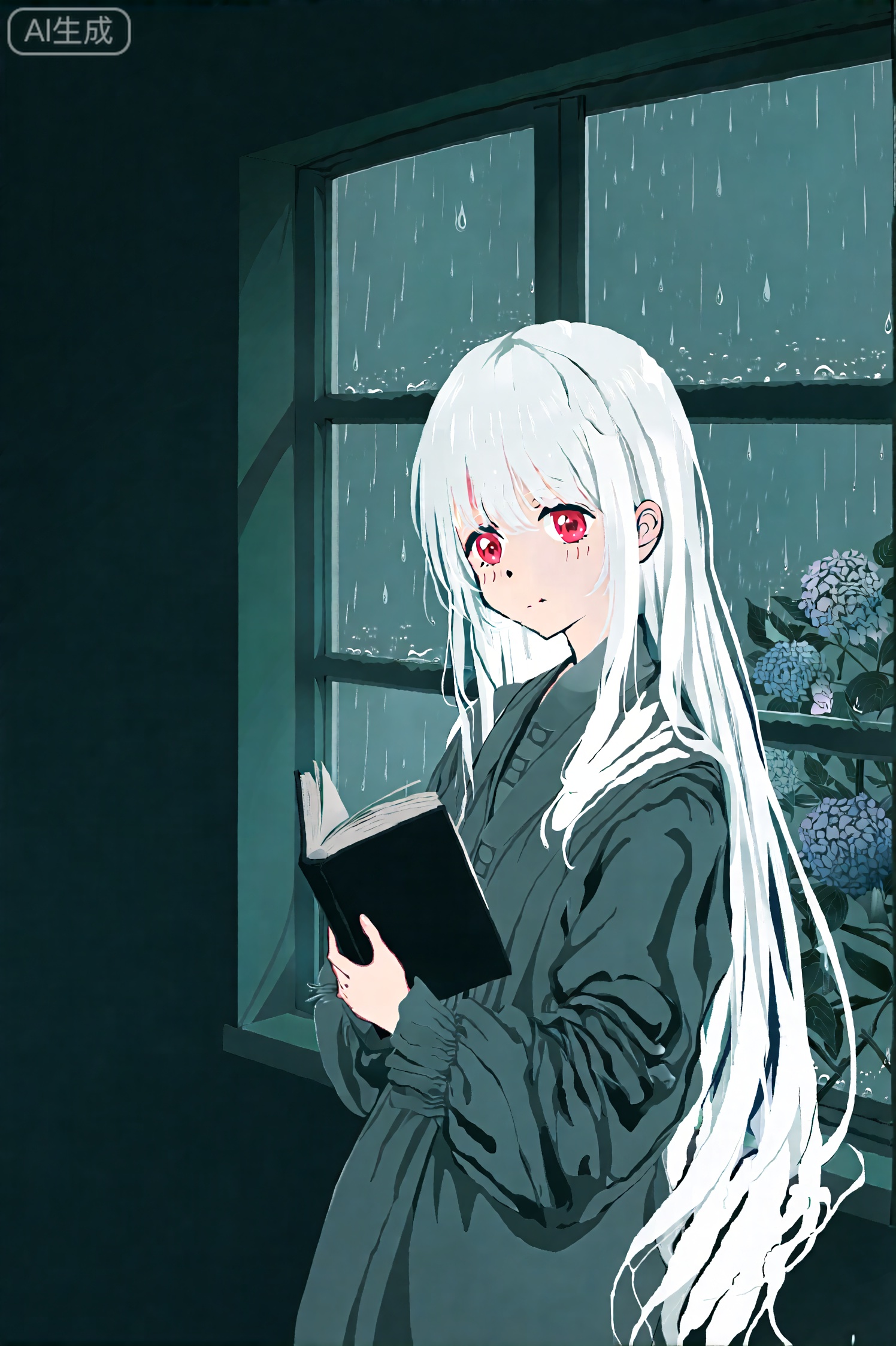 在一个有窗户的房间里,有着白色长发的女孩站在窗前,手里拿着一本黑色封皮的书。她的眼睛呈现鲜亮的红色,凝视着观者。女孩身后,窗外的雨滴轻轻敲打着玻璃,增添了几分忧郁的氛围。女孩的表情柔和而可爱,仿佛在凝视着远方,眼神中流露出一种难以言喻的情感。着重表现女孩的眼睛、精致的面容、散开的长发、衣服的褶皱。宁静的深绿色调。柔和的光突出女孩的轮廓。开在窗外的绣球花。整个场景营造出一种既神秘又略带忧郁的美感,让人不禁陷入深深的沉思之中。,插画