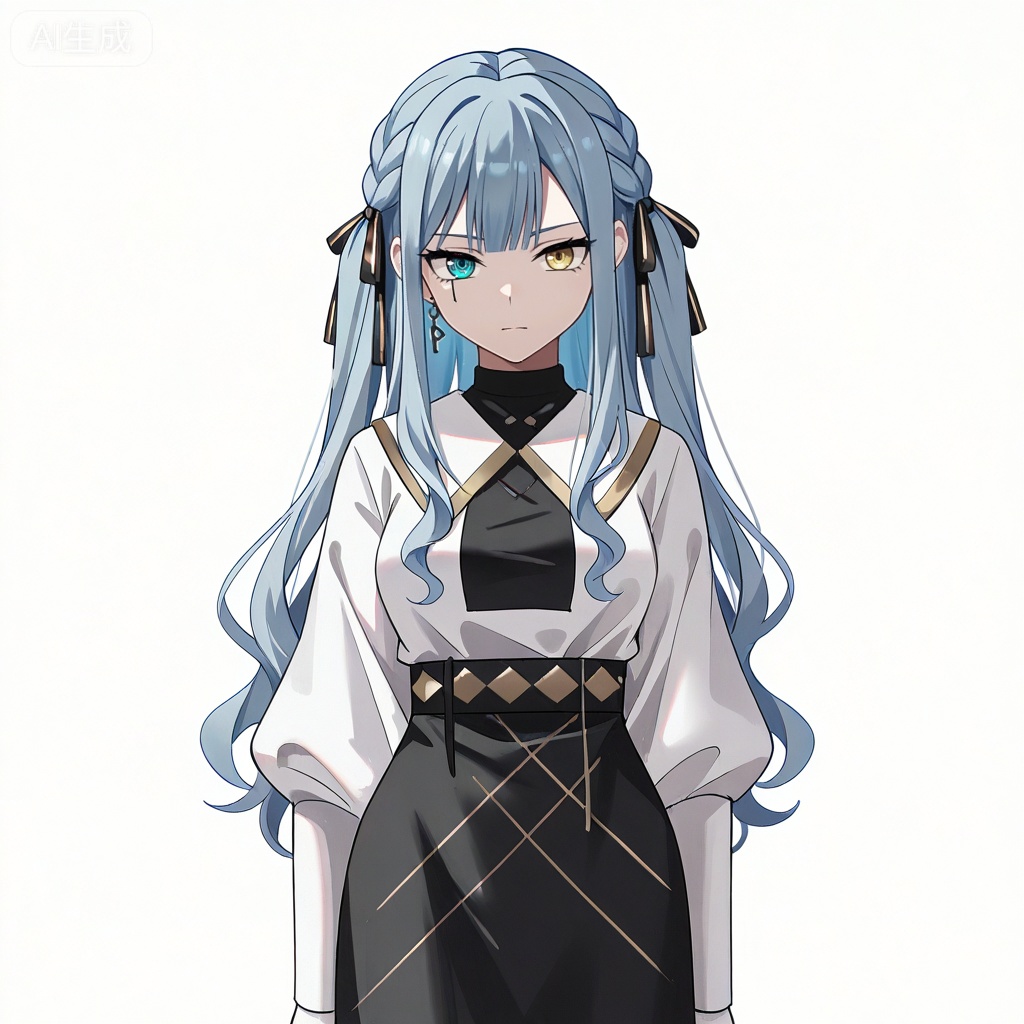 masterpiece, best quality,solo,white background,simple_background,togawa sakiko,cybersaki_style,bangs,ribbon,hair ribbon,black ribbon,two side up,braid,blue hair,grey hair,sidelocks,blunt bangs,heterochromia,yellow eyes,long hair,wavy hair,jewelry,white shirt,puffy sleeves,black skirt,high-waist skirt,black pantyhose,