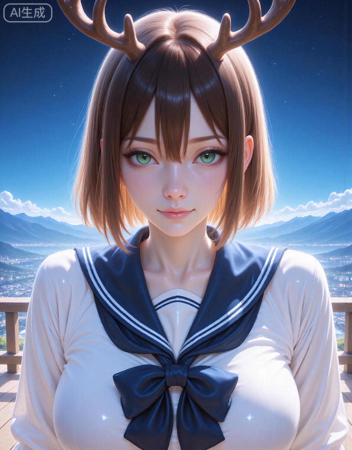 A girl with short brown hair and antlers, Japanese sailor uniform (white top + dark blue bow tie), green eyes, Shinkai-style starry sky and distant mountain background, realistic rendering, 8K resolution
