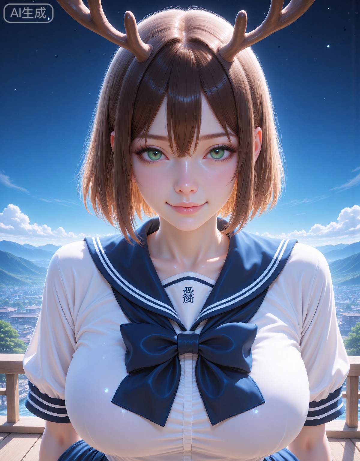 A girl with short brown hair and antlers, Japanese sailor uniform (white top + dark blue bow tie), green eyes, Shinkai-style starry sky and distant mountain background, realistic rendering, 8K resolution