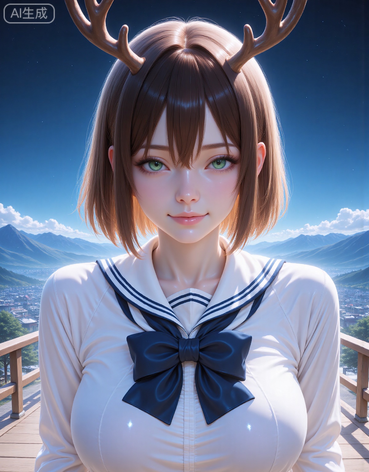 A girl with short brown hair and antlers, Japanese sailor uniform (white top + dark blue bow tie), green eyes, Shinkai-style starry sky and distant mountain background, realistic rendering, 8K resolution