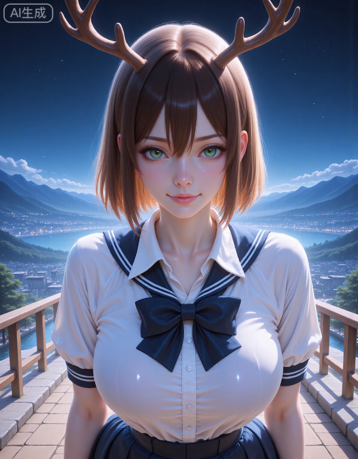 A girl with short brown hair and antlers, Japanese sailor uniform (white top + dark blue bow tie), green eyes, Shinkai-style starry sky and distant mountain background, realistic rendering, 8K resolution