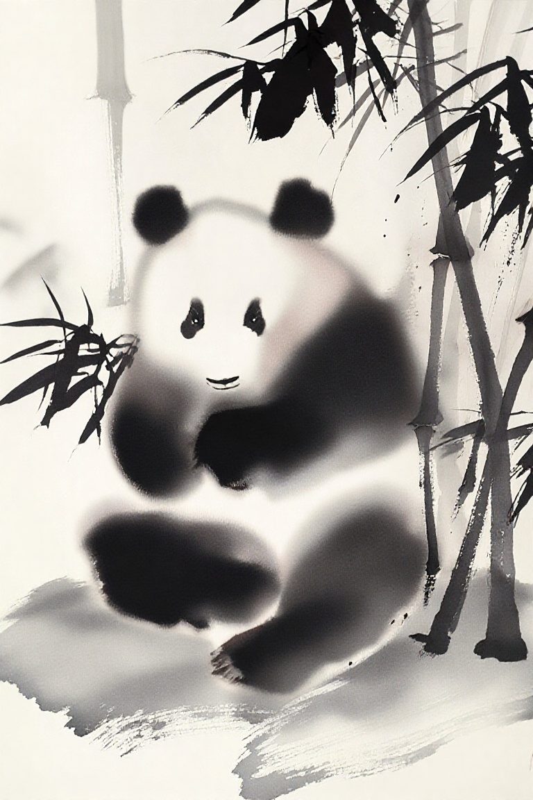 A masterpiece of traditional Chinese ink wash painting,  capturing a solitary giant panda in a state of deep meditation. T...