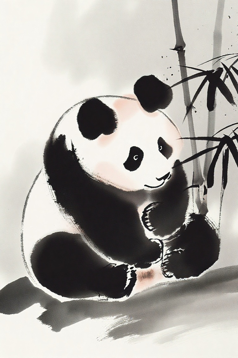 A masterpiece of traditional Chinese ink wash painting,  capturing a solitary giant panda in a state of deep meditation. T...