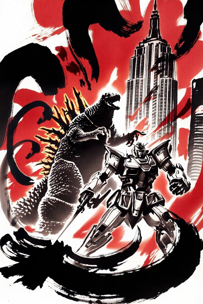 A masterpiece sumi-e ink wash painting capturing the visceral struggle between Godzilla and a Gundam in the heart of New Y...