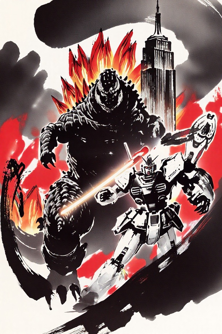 A masterpiece sumi-e ink wash painting capturing the visceral struggle between Godzilla and a Gundam in the heart of New Y...