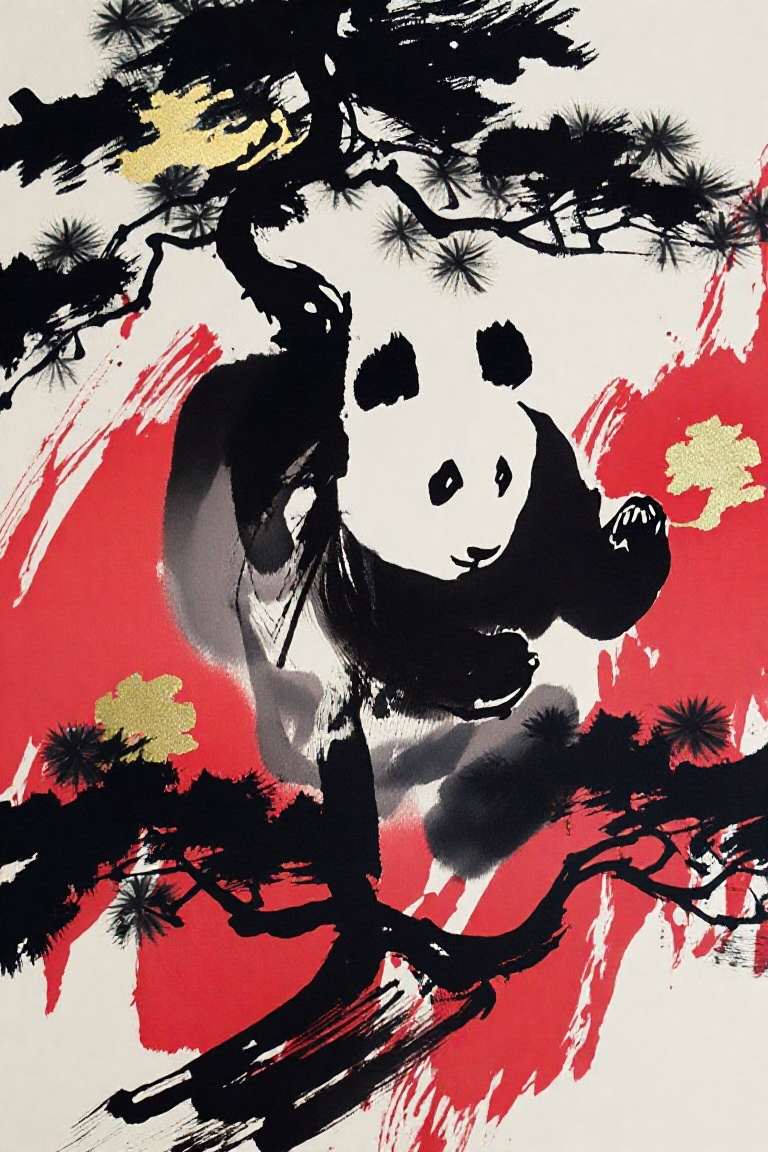 This stunning contemporary ink painting portrays a giant panda mid-climb on an ancient,  gnarled pine tree. The style merg...