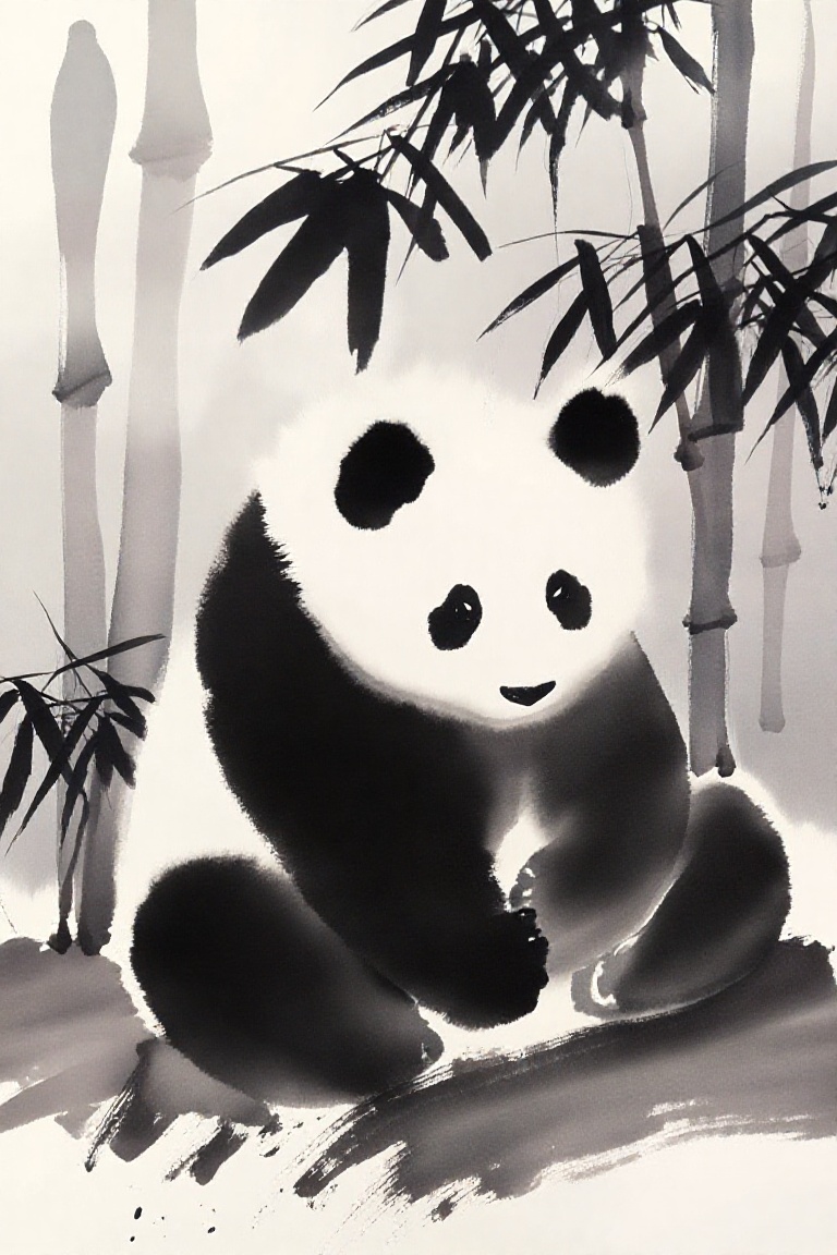 A masterpiece of traditional Chinese ink wash painting,  capturing a solitary giant panda in a state of deep meditation. T...