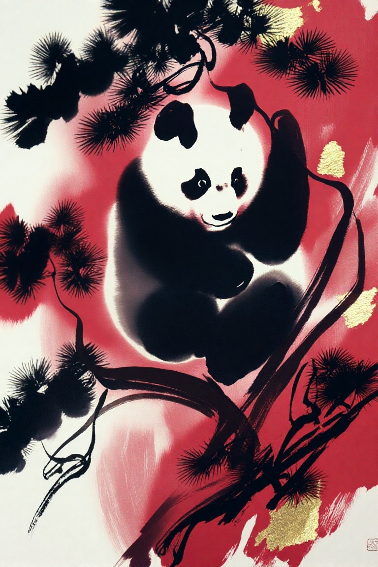 This stunning contemporary ink painting portrays a giant panda mid-climb on an ancient,  gnarled pine tree. The style merg...
