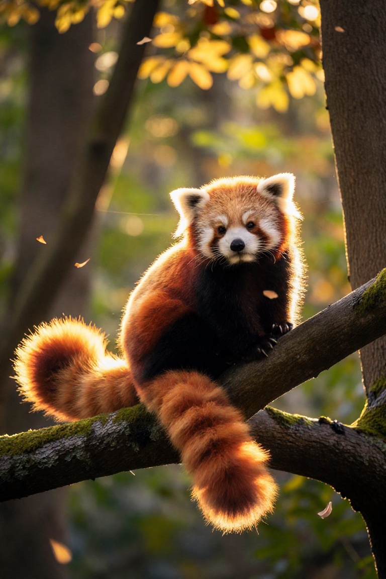 An enchanting low-angle portrait of a red panda perched on a thick,  moss-covered branch within an ancient deciduous fores...