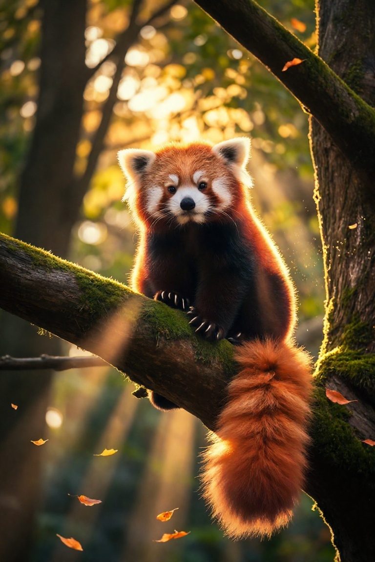 An enchanting low-angle portrait of a red panda perched on a thick,  moss-covered branch within an ancient deciduous fores...