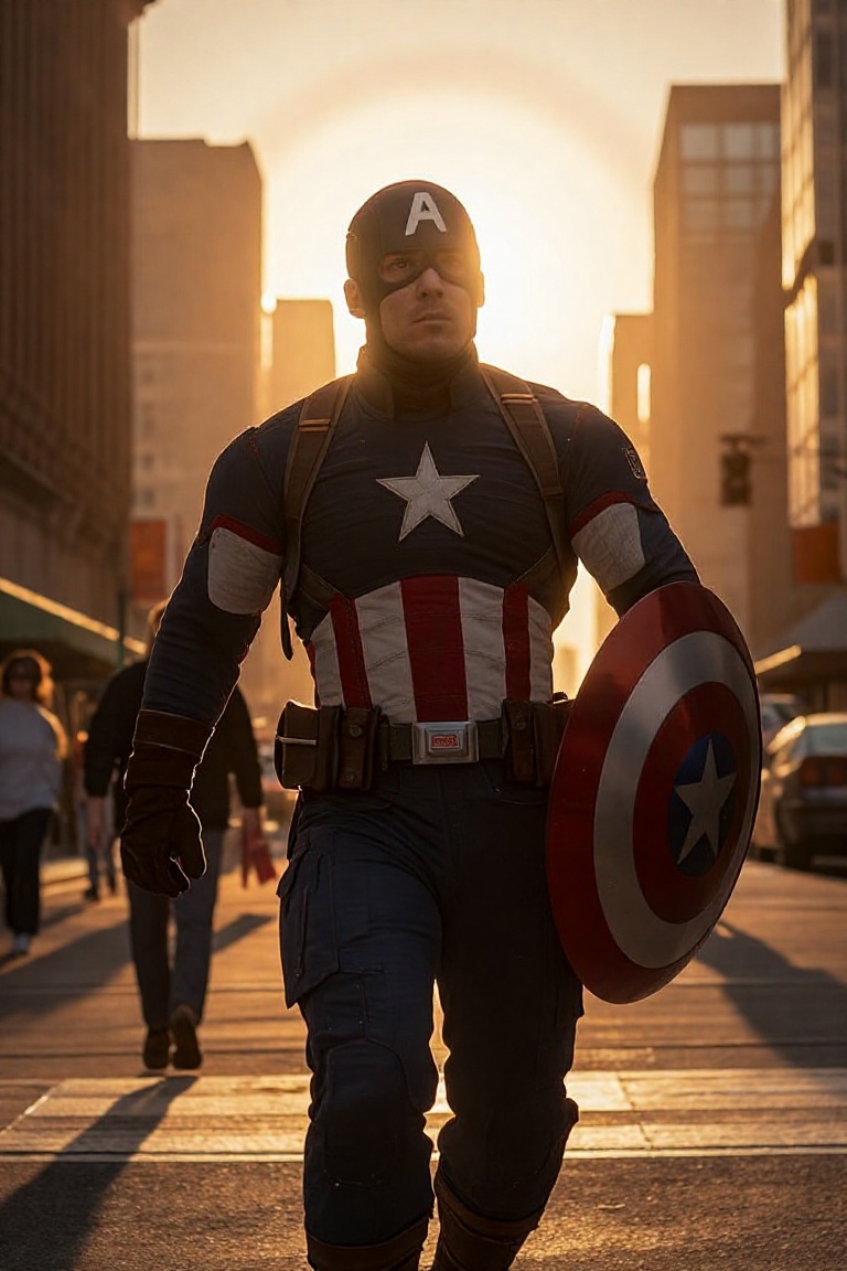 Create a backlit portrait of Captain America in a bustling cityscape during the golden hour. Utilize rim light to highligh...