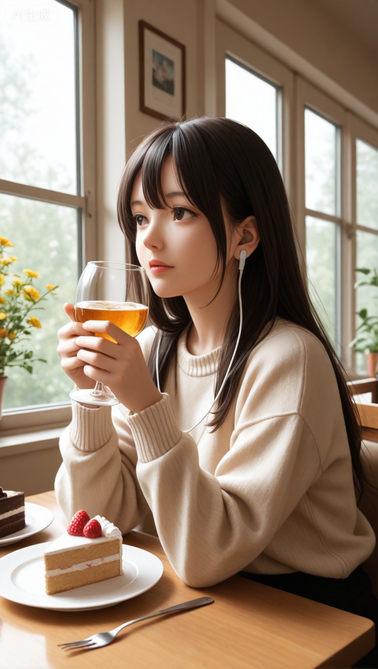  (Best Quality), (Masterpiece), (High Level), Illustrated, Original, Very Detailed, 1 Girl, Long Hair, Solo, Cup, Holding, Book, Fork, Straw, Plate, Indoor, Food, Sleeves Over Wrist,Sweater, Liu Hai, Long Sleeves, Sunshine, Blurred, Cake, Sitting, Table, Looking Side, Looking Far Away, Wine Glass, Lips, Windows, Brown Hair, Black Hair, Earphones, Cake Slices, Plants, Beverages, Sweater, Holding cup,
