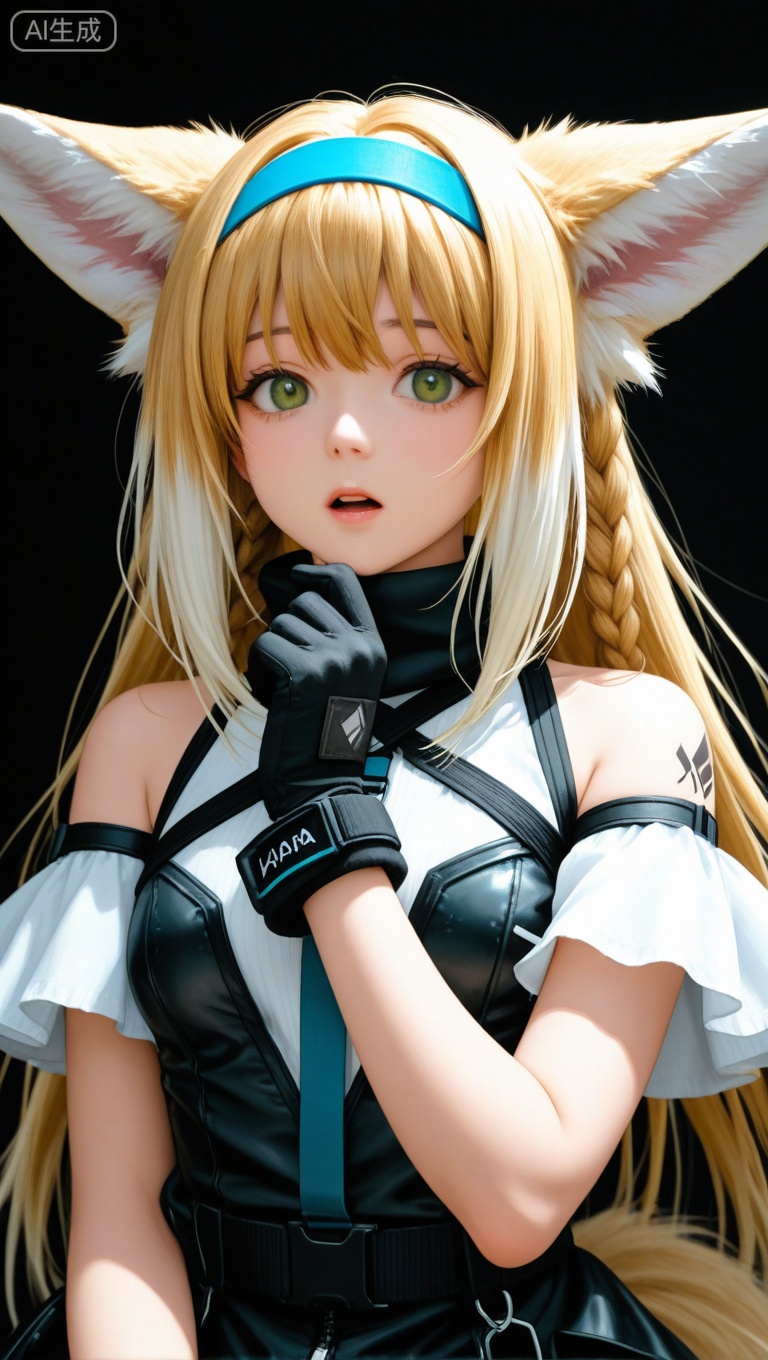  1girl animal_ears arknights art_tools_in_frame black_gloves blue_hairband braid braided_hair_rings character_name fox_ears fox_girl gloves green_eyes hair_rings hairband haru_(aona1122) highres infection_monitor_(arknights) looking_at_viewer open_mouth oripathy_lesion_(arknights) single_glove single_wrist_cuff solo suzuran_(arknights) traditional_media twin_braids upper_body wrist_cuffs