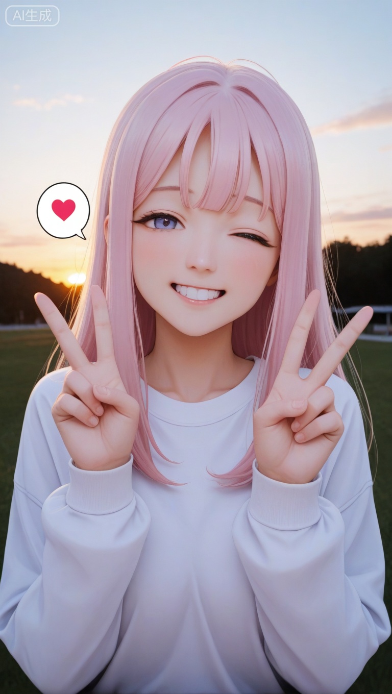  1girl, mika\(blue archive\), blue archive, game cg, solo, double v, happy, (looking at viewer), one eye closed, upper body, spoken_heart, cinematic angle, depth of field, outdoors, sunset, masterpiece, best quality