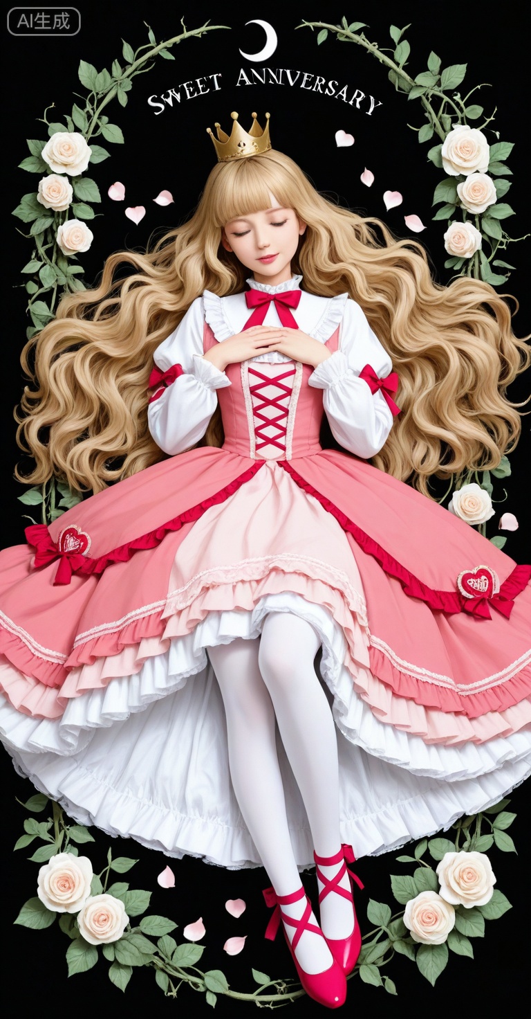 1girl, solo, long hair, flower, closed eyes, dress, crown, blonde hair, gift, rose, long sleeves, moon, white flower, frills, full body, crescent moon, crescent, dated, frilled dress, pink dress, sparkle, pink footwear, bangs, white rose, hands on own chest, thorns, english text, plant, gift box, heart, box, shoes, red footwear, bow, petals, own hands together, ribbon, vines, puffy sleeves, frilled sleeves, grey background, puffy long sleeves,blunt bangs, very long hair, cross-laced footwear, wavy hair, red bow, high heels, leaf, petticoat, parted lips, character name, lolita fashion, hands up, white shirt, simple background, curly hair, black background, star (symbol), pink bow, frilled shirt collar, shirt, pink ribbon, red ribbon, red dress, rose petals, twitter username, sweet lolita, ballet slippers, hand on own chest, blush, closed mouth, on back, floral background, white legwear, frilled skirt, princess, floating, envelope, pink flower, layered dress, cross-laced clothes, eyelashes, anniversary, lips, watermark, pantyhose, personification, ankle lace-up, makeup, letter, lying, juliet sleeves, smile, sleeveless,
