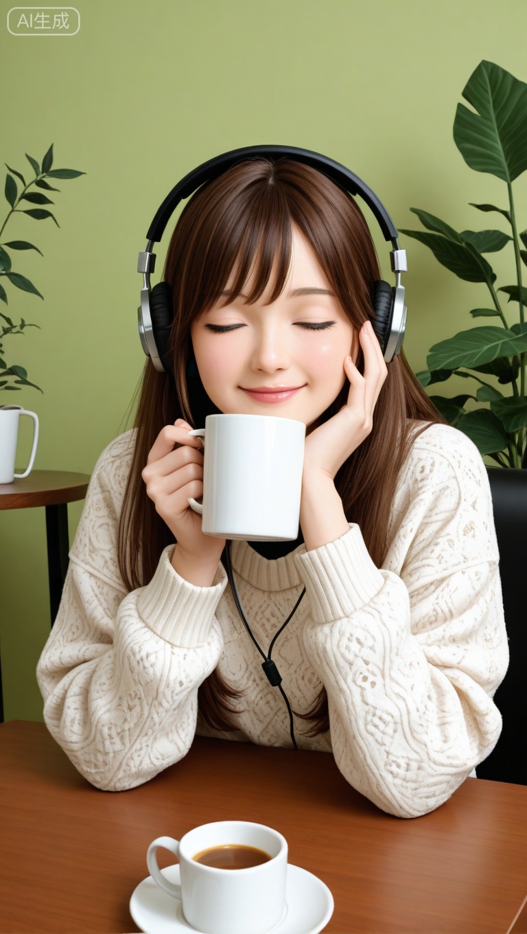 masterpiece, best quality, good quality, newest, highres, absurdres,1girl, solo, long hair, blush, smile, skirt, brown hair, long sleeves, holding, sitting, closed eyes, sweater, cup, headphones, floral print, table, plant, holding cup, facing viewer, hand on own face, green background, head rest, mug, listening to music, Flatline, Flat vector illustration,
klaus_style,      